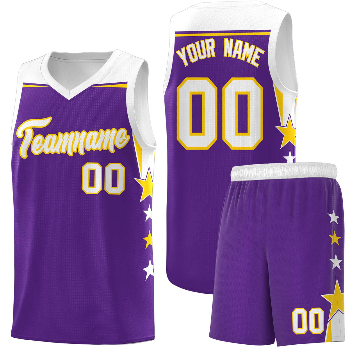 Custom Youth Basketball Uniform Purple White Two Tone Side Star Add Name Number &amp; Logo