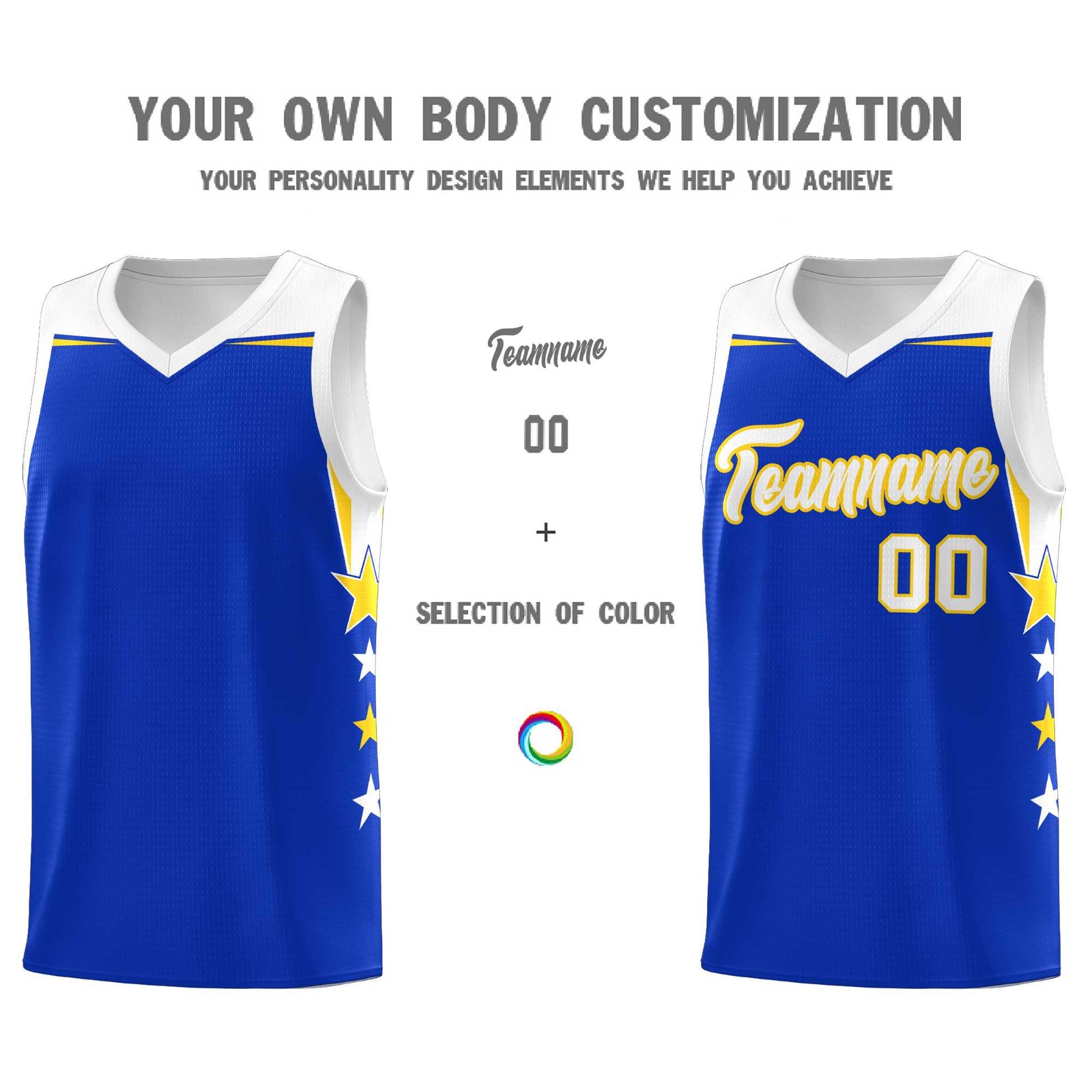 Custom Youth Basketball Uniform Royal White Two Tone Side Star Add Name Number & Logo