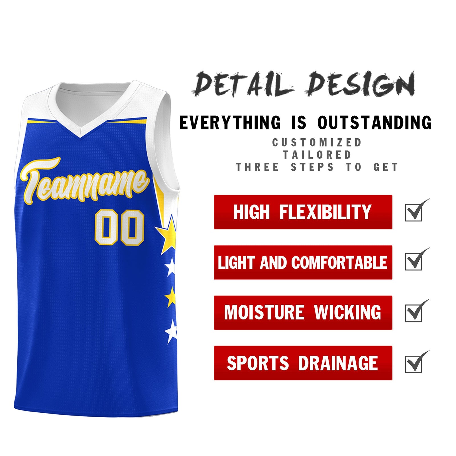 Custom Youth Basketball Uniform Royal White Two Tone Side Star Add Name Number & Logo