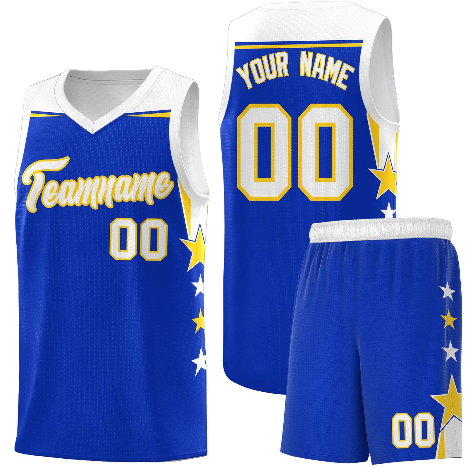 Custom Youth Basketball Uniform Royal White Two Tone Side Star Add Name Number & Logo