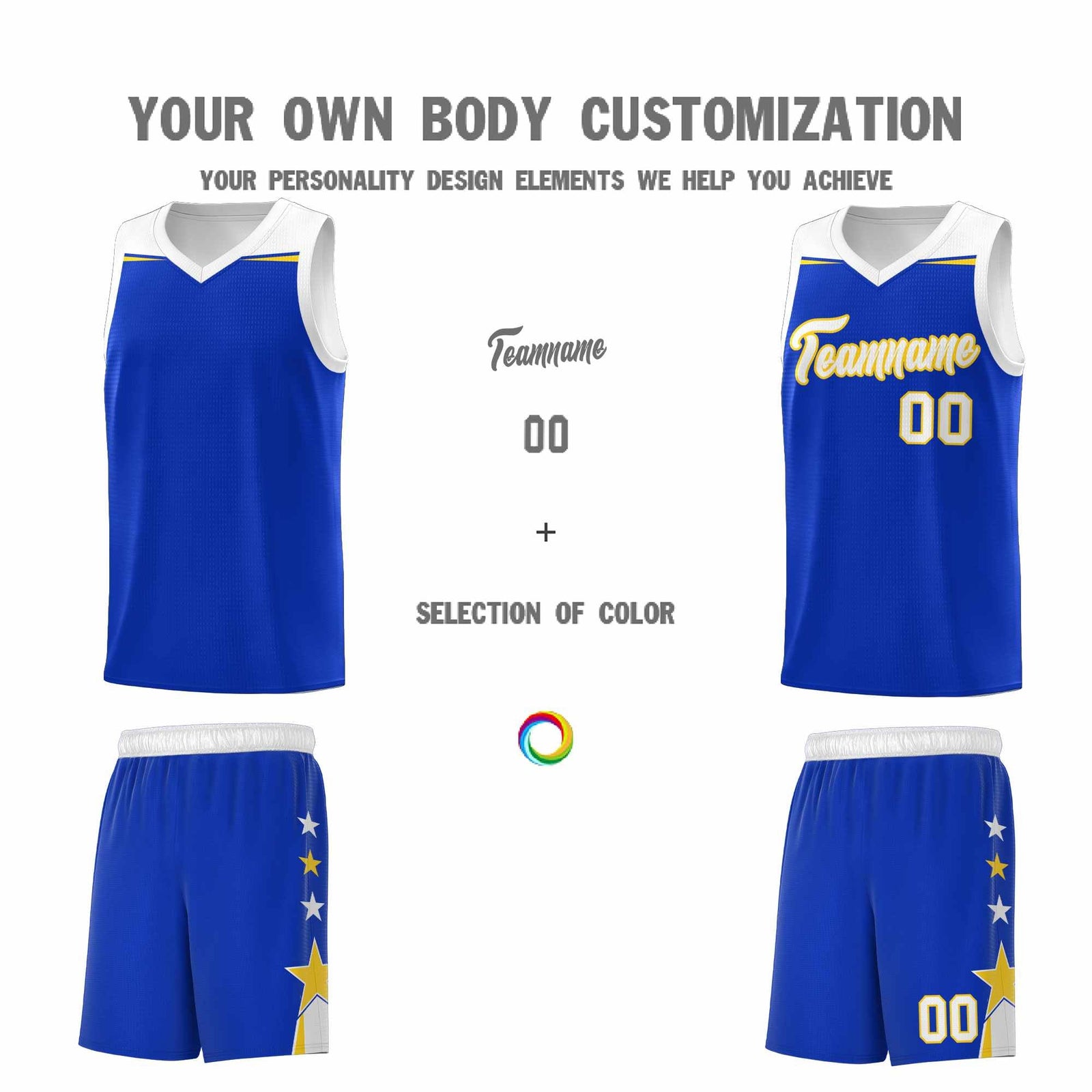 Custom Youth Basketball Uniform Royal White Two Tone Side Star Add Name Number & Logo
