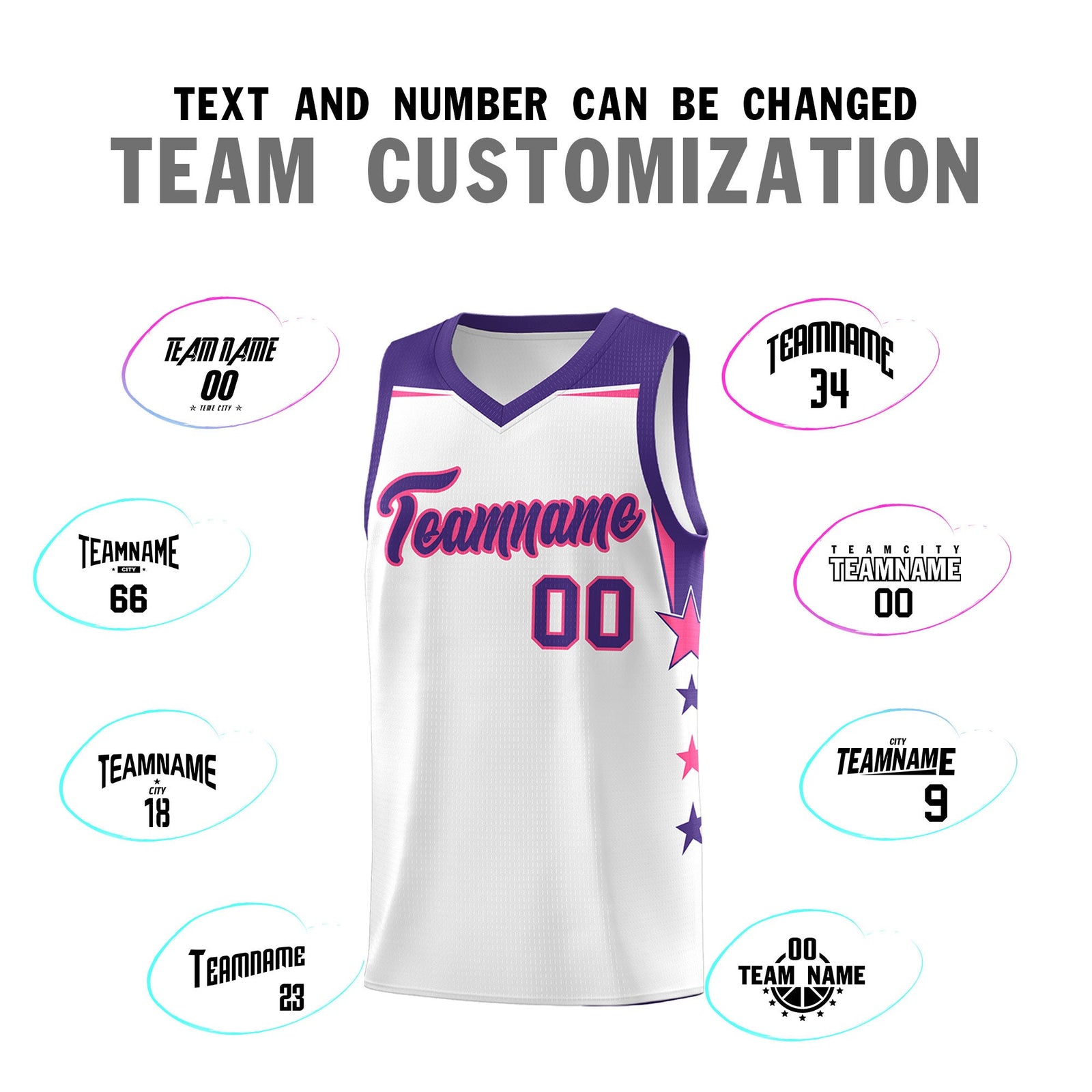 Custom Youth Basketball Uniform White Purple Two Tone Side Star Color Block Team Jersey