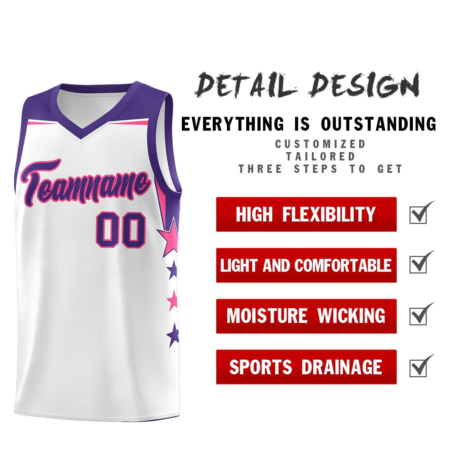 Custom Youth Basketball Uniform White Purple Two Tone Side Star Color Block Team Jersey
