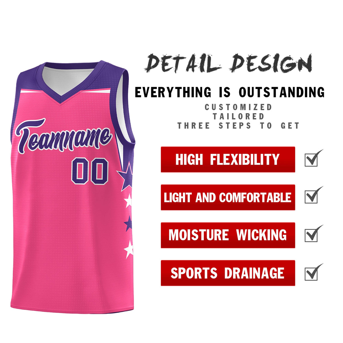 Custom Youth Basketball Uniform Pink Purple Two Tone Side Star Add Name Number &amp; Logo