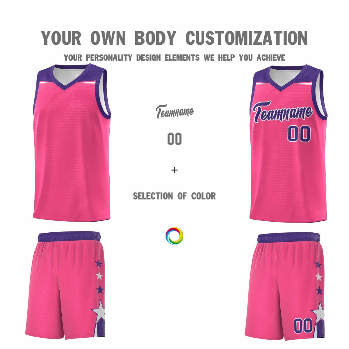 Custom Youth Basketball Uniform Pink Purple Two Tone Side Star Add Name Number &amp; Logo