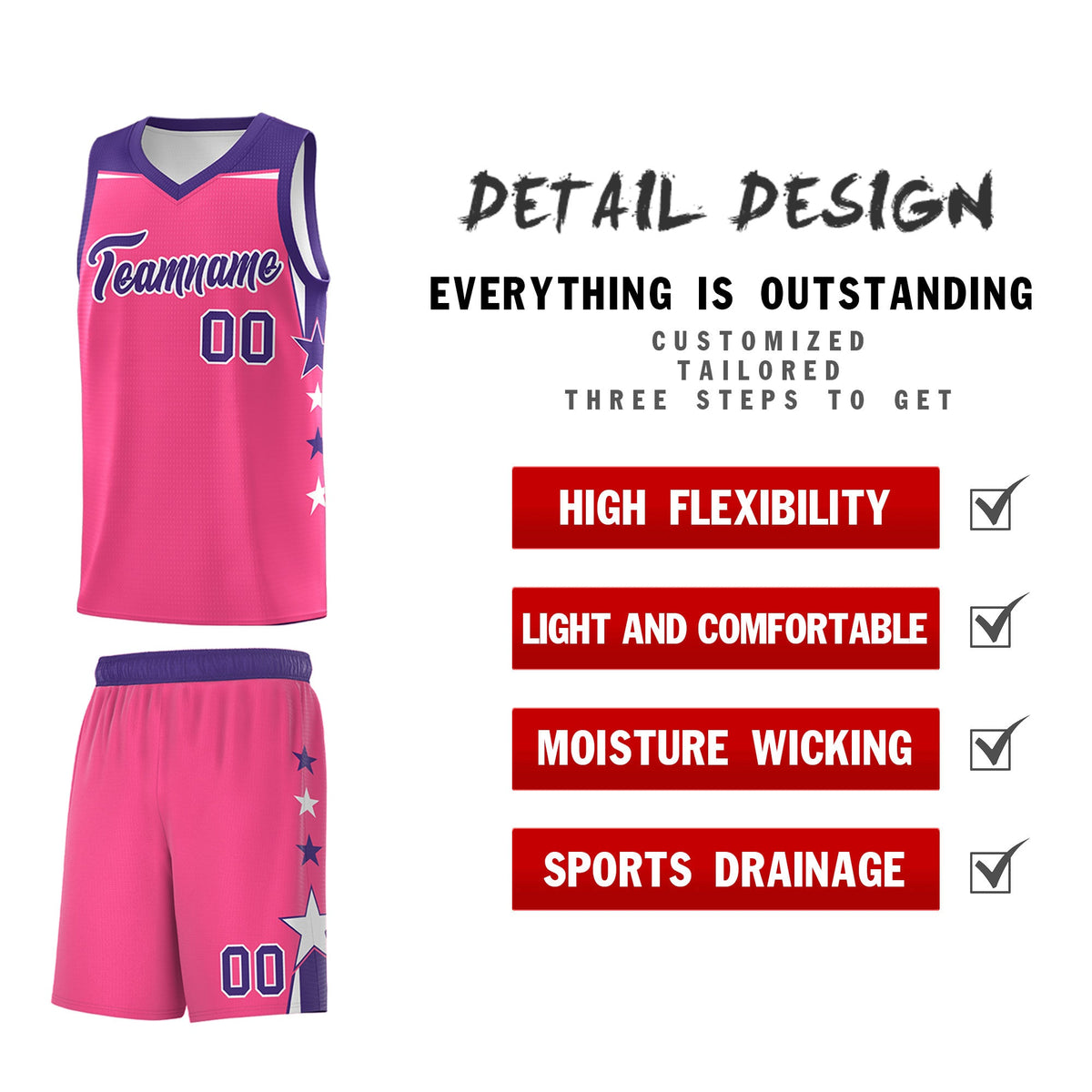 Custom Youth Basketball Uniform Pink Purple Two Tone Side Star Add Name Number &amp; Logo