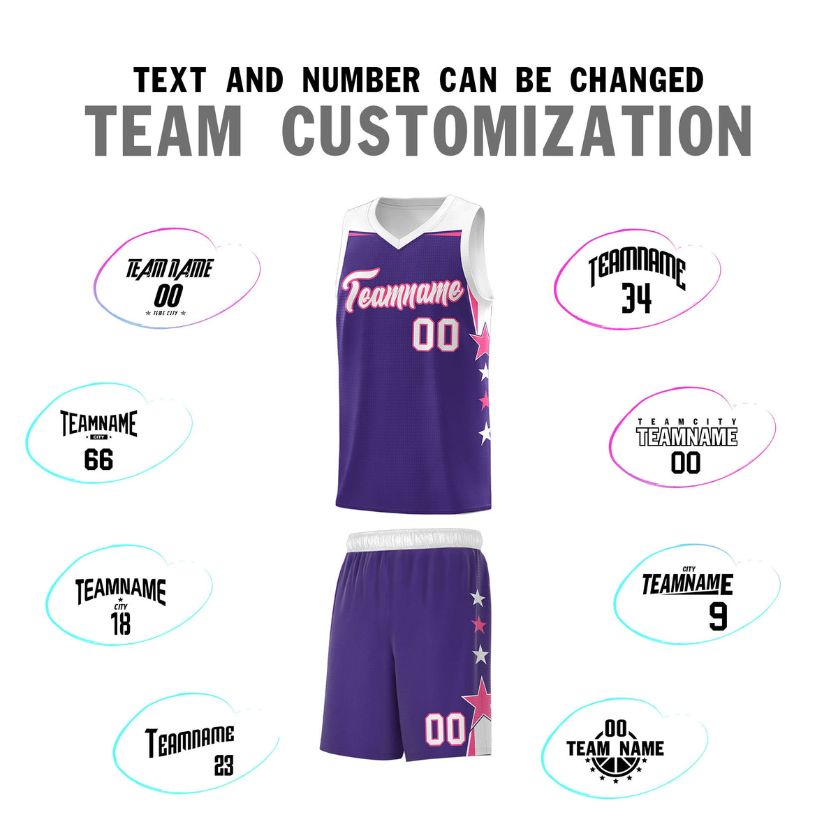 Custom Youth Basketball Uniform Purple White Two Tone Side Star Personalized Team Jersey