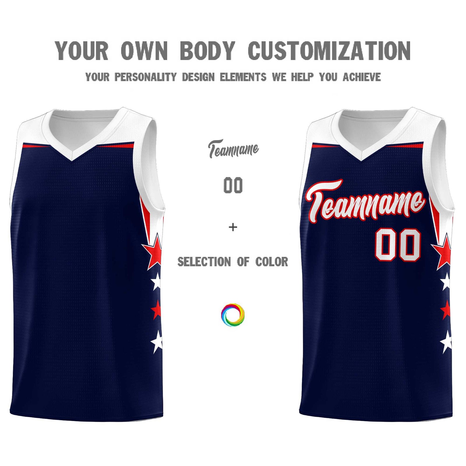 Custom Youth Basketball Uniform Navy White Two Tone Side Star Add Name Number & Logo