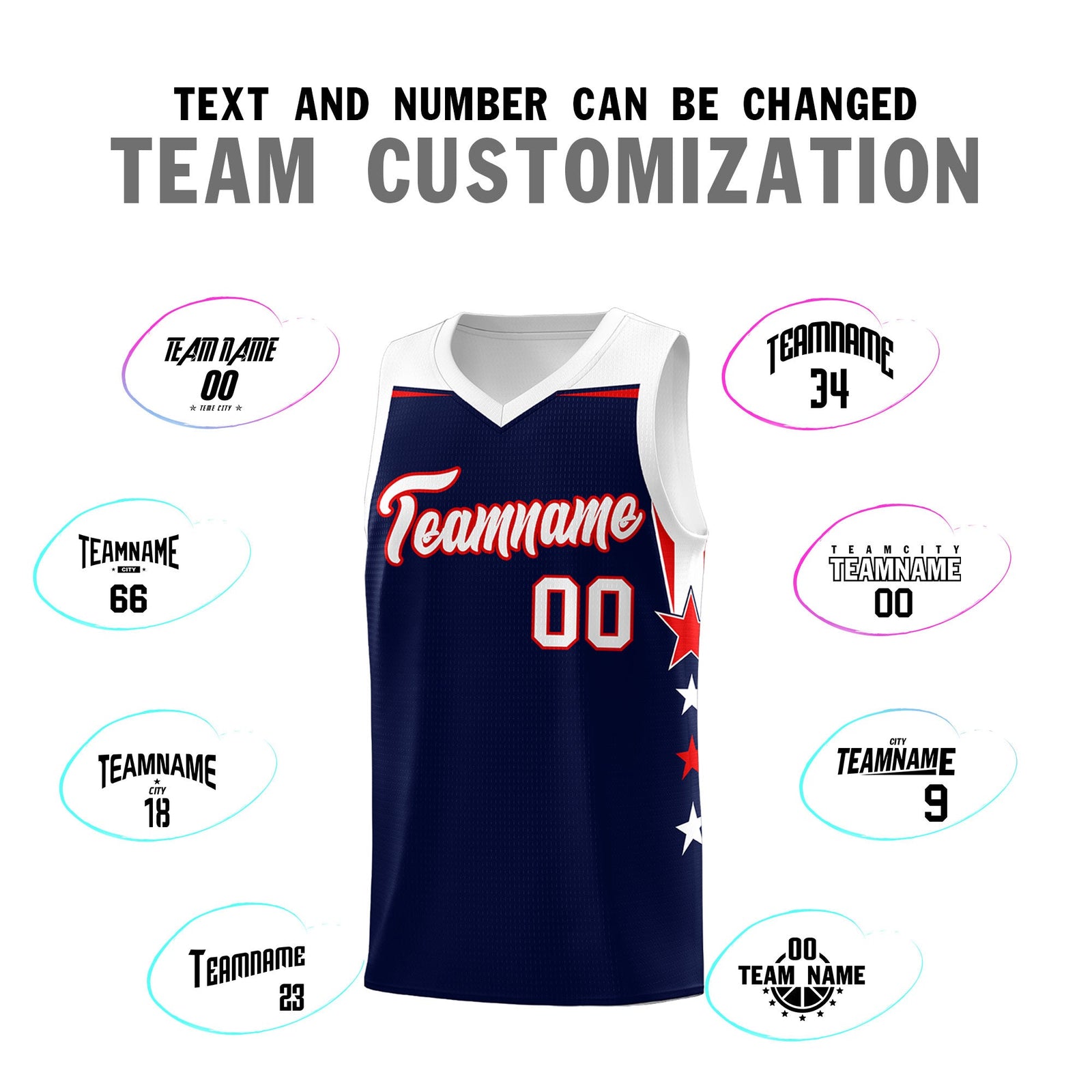 Custom Youth Basketball Uniform Navy White Two Tone Side Star Add Name Number & Logo