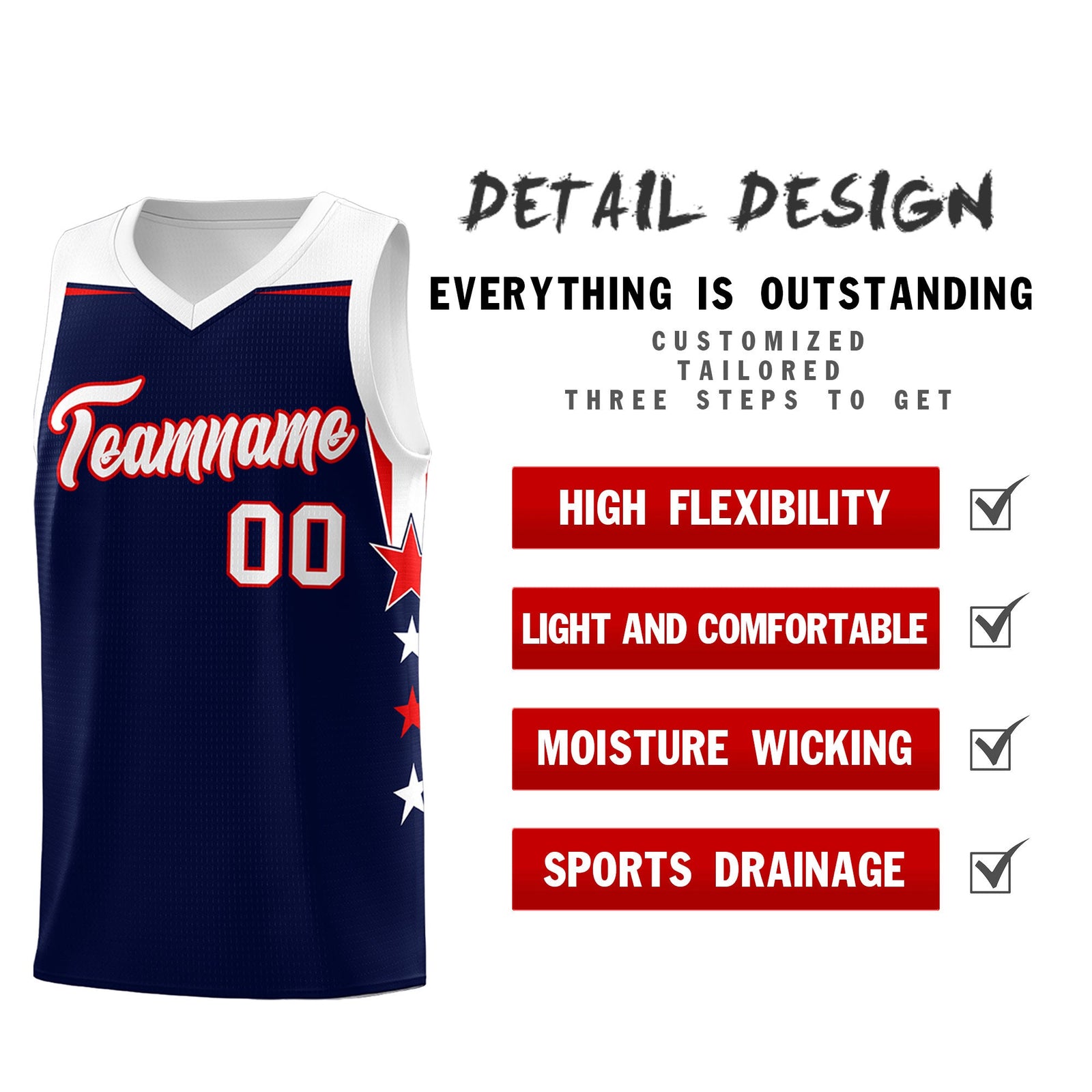 Custom Youth Basketball Uniform Navy White Two Tone Side Star Add Name Number & Logo