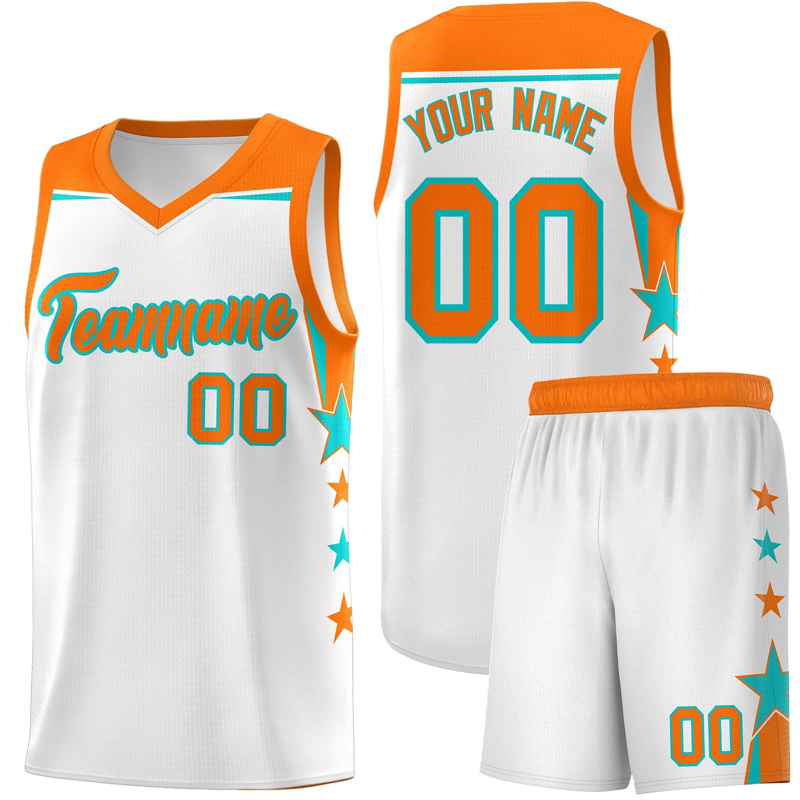 Custom Youth Basketball Uniform White Orange Two Tone Side Star Color Block Team Jersey
