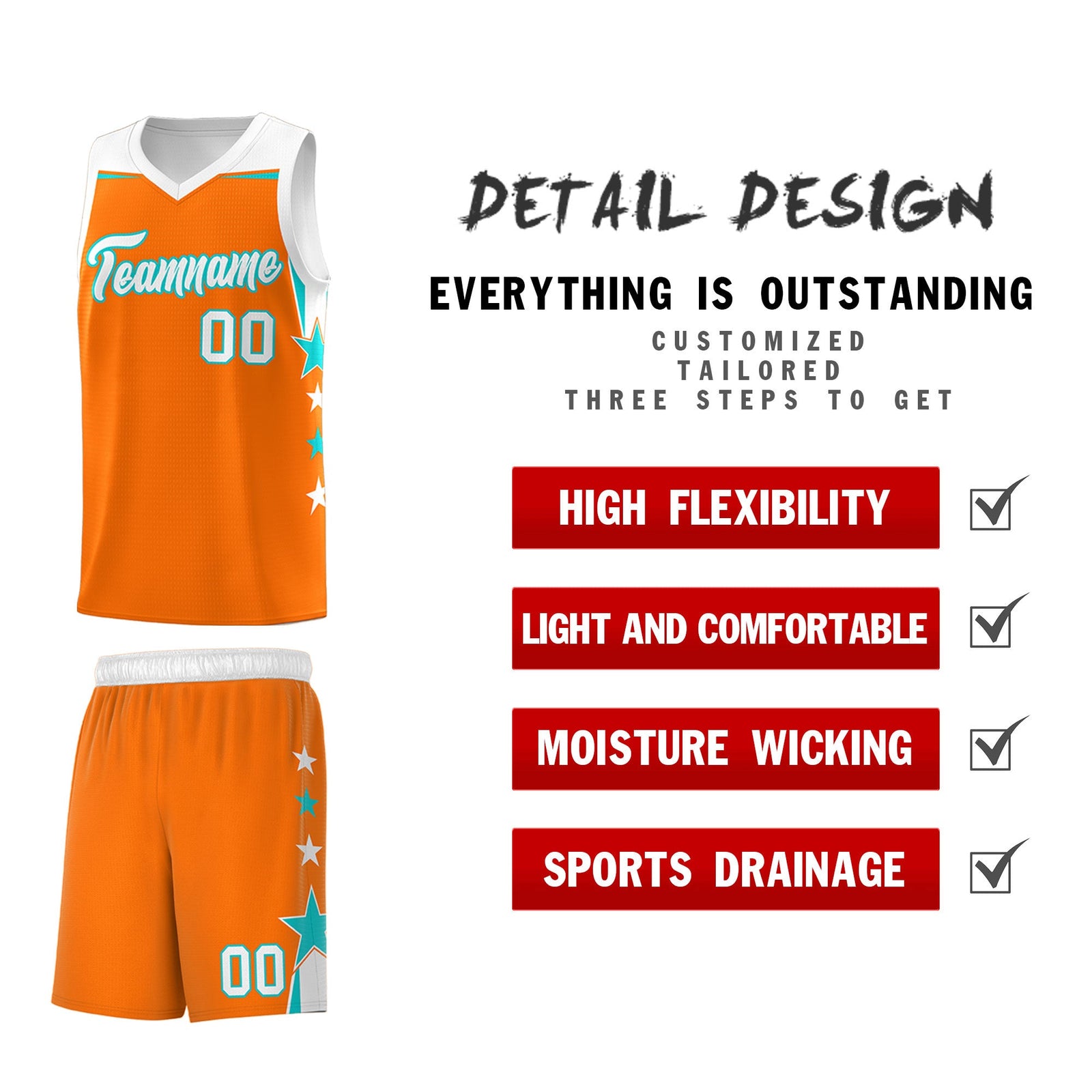 Custom Youth Basketball Uniform Orange White Two Tone Side Star Add Name Number & Logo