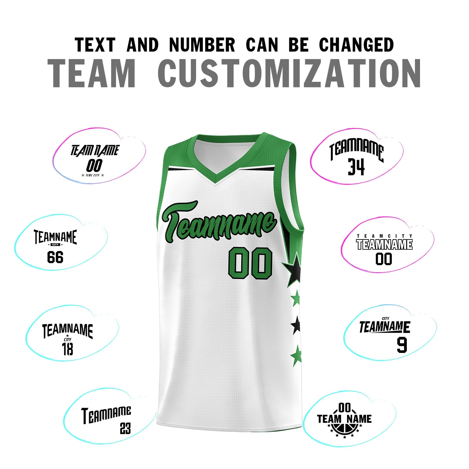 Custom Youth Basketball Uniform White Kelly Green Two Tone Side Star Color Block Team Jersey
