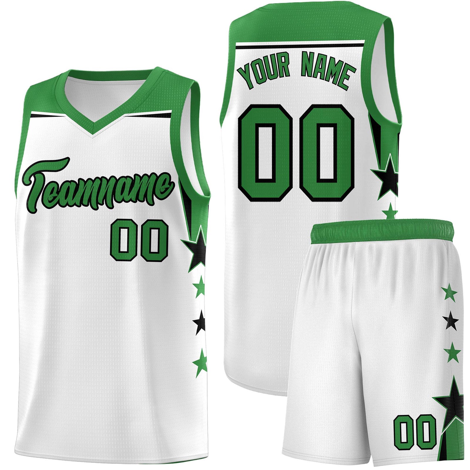 Custom Youth Basketball Uniform White Kelly Green Two Tone Side Star Color Block Team Jersey