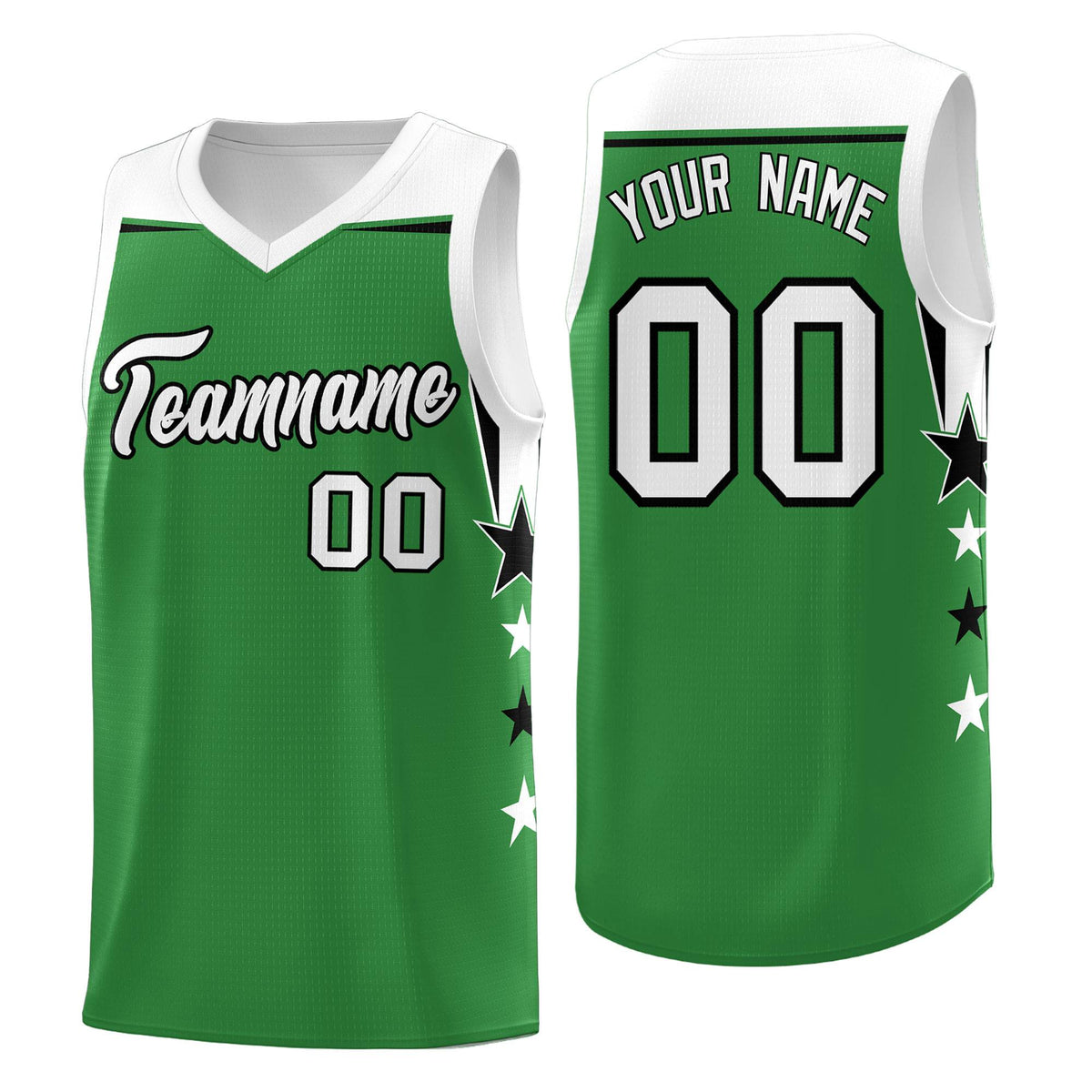 Custom Youth Basketball Uniform Kelly Green White Two Tone Side Star Add Name Number &amp; Logo