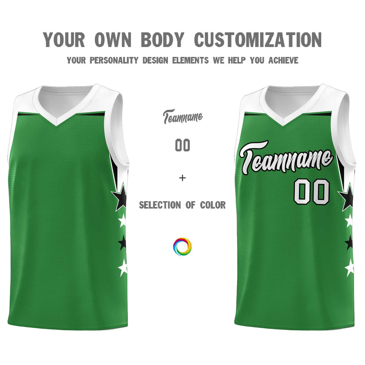 Custom Youth Basketball Uniform Kelly Green White Two Tone Side Star Add Name Number &amp; Logo