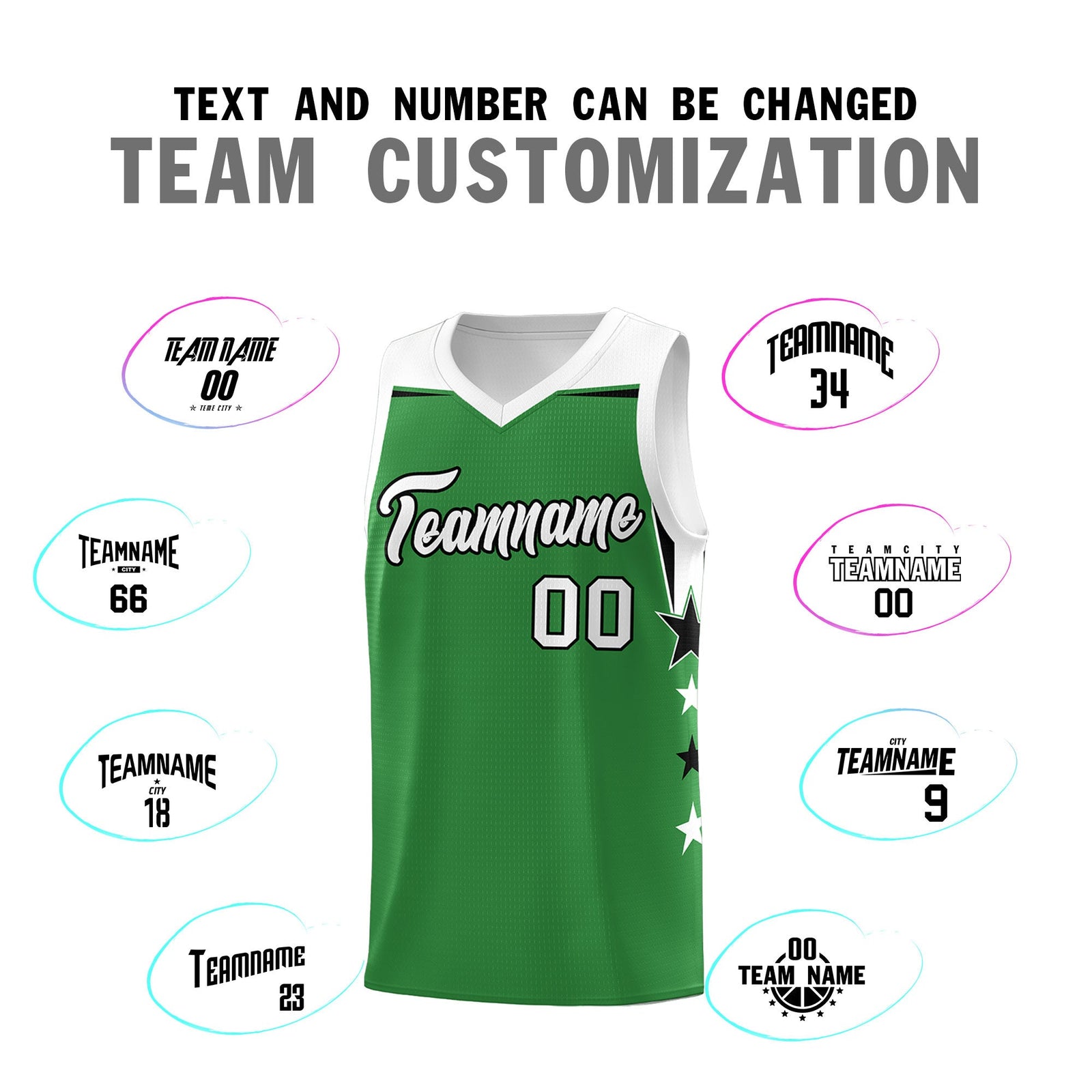 Custom Youth Basketball Uniform Kelly Green White Two Tone Side Star Add Name Number & Logo