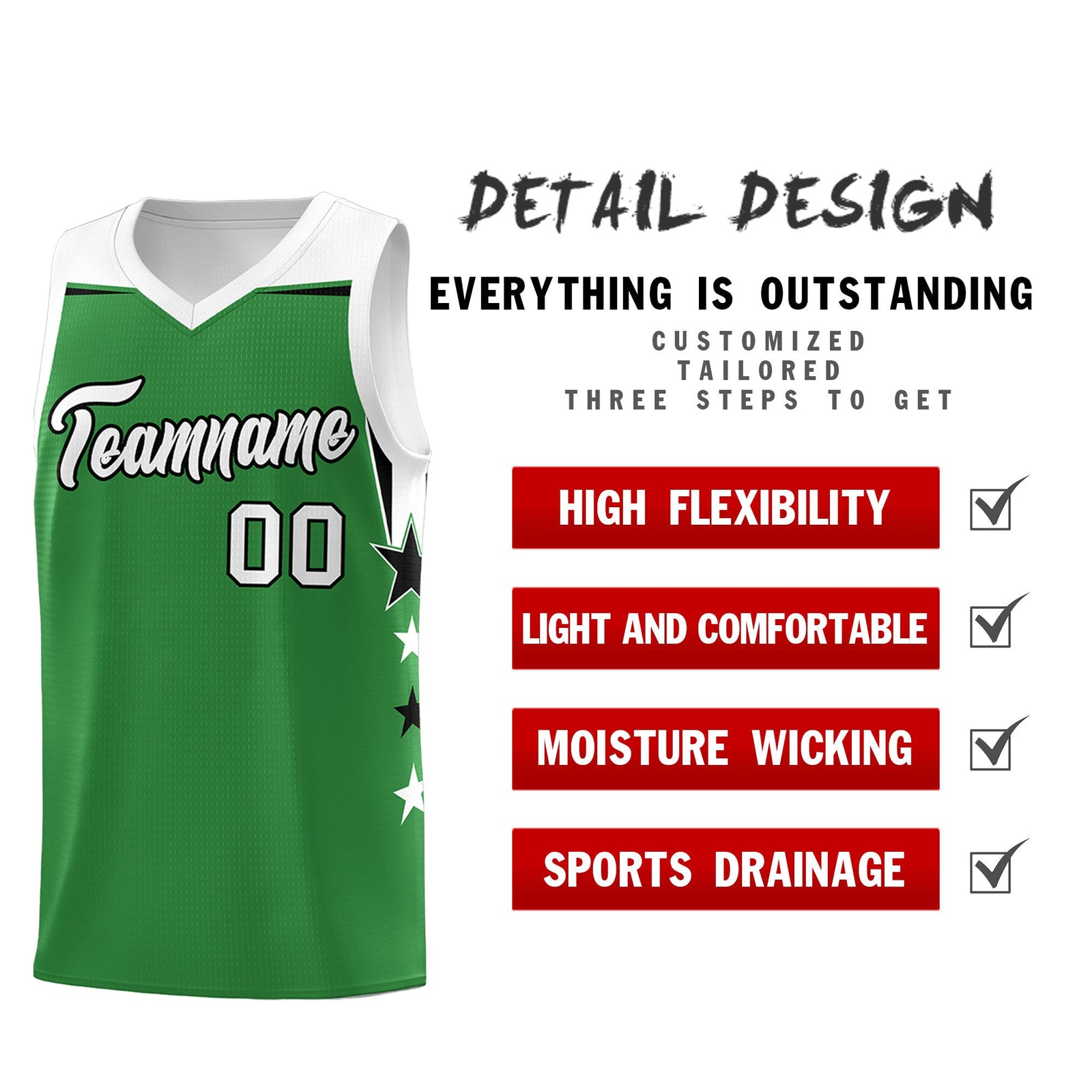 Custom Youth Basketball Uniform Kelly Green White Two Tone Side Star Add Name Number & Logo