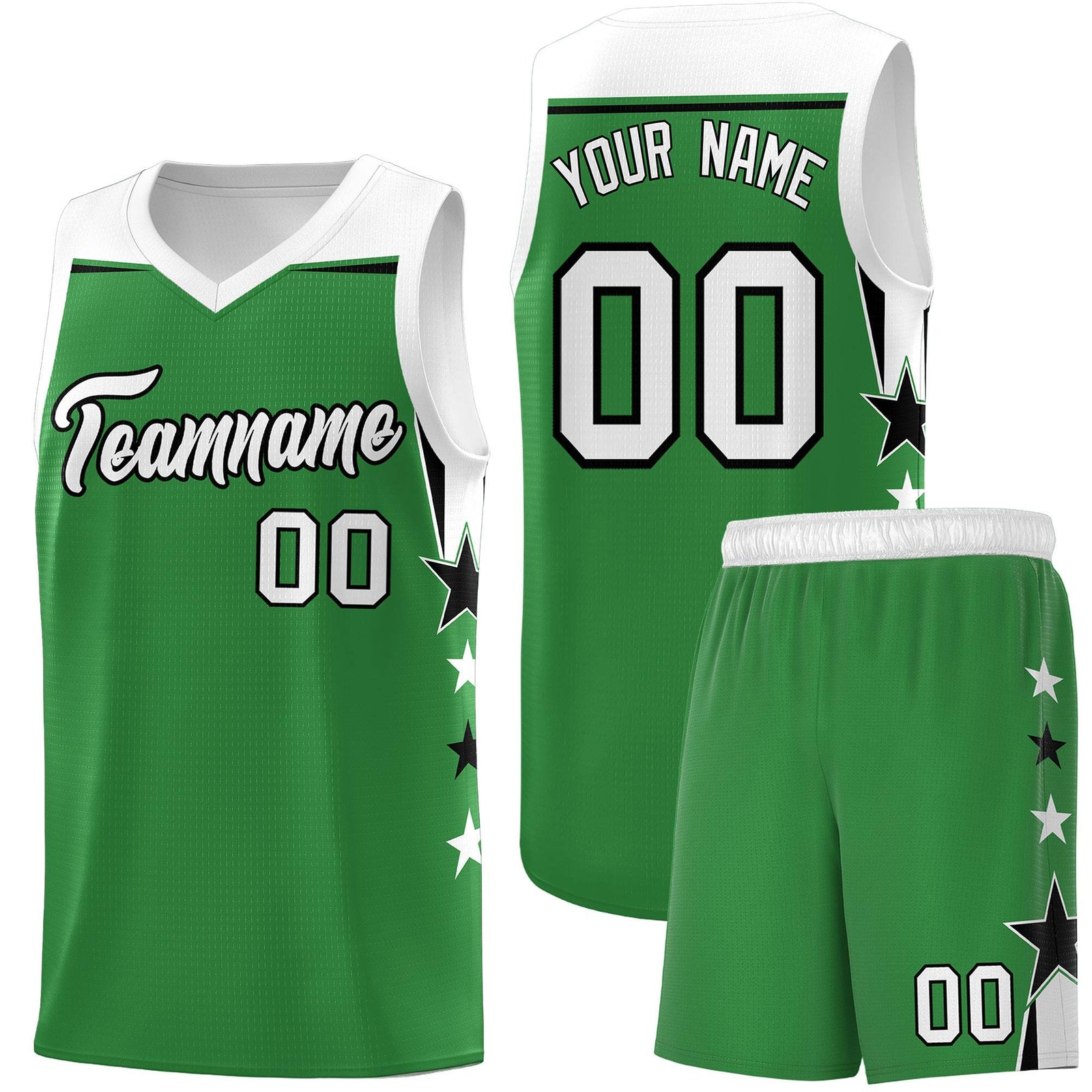 Custom Youth Basketball Uniform Kelly Green White Two Tone Side Star Add Name Number & Logo