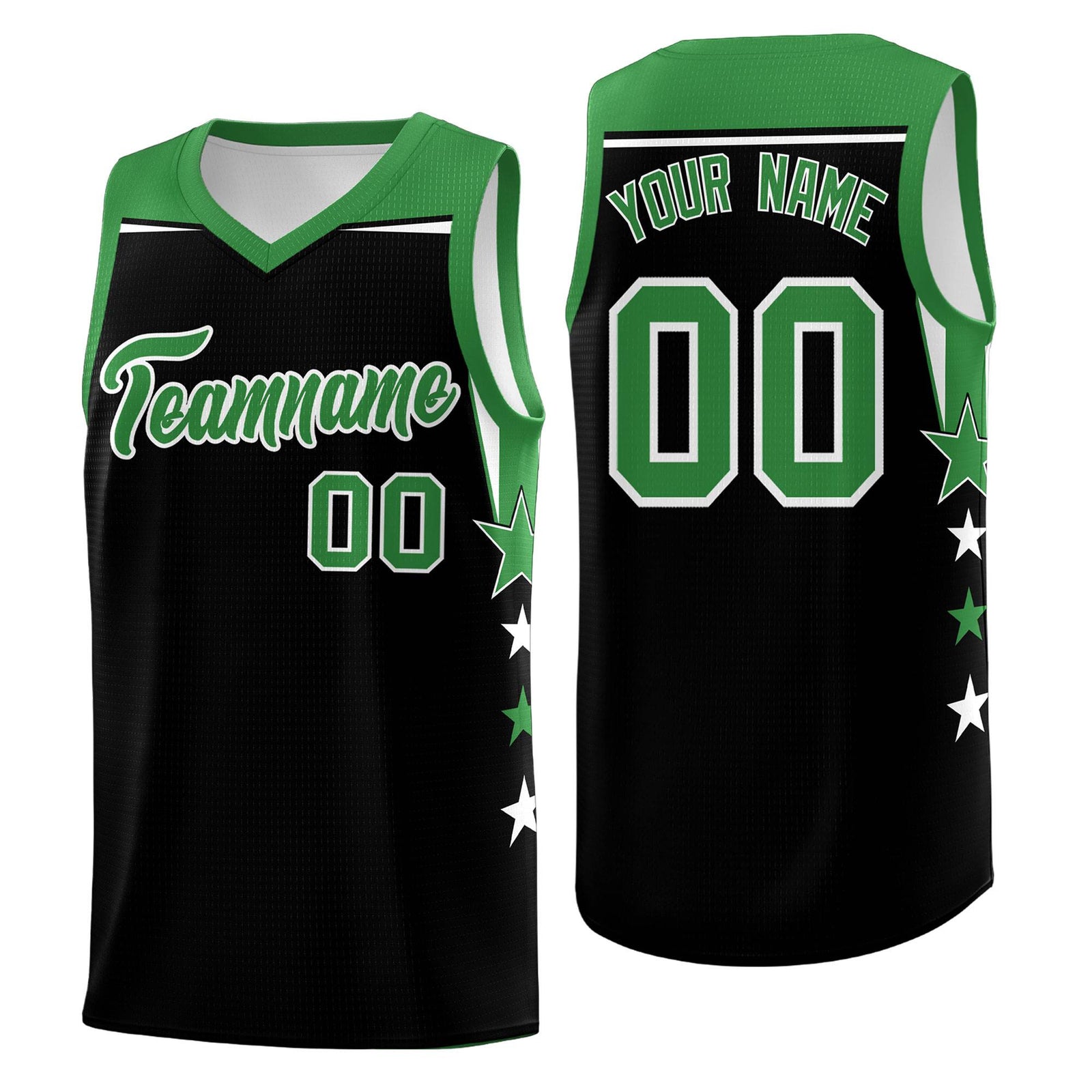 Custom Youth Basketball Uniform Black Kelly Green Two Tone Side Star Personalized Team Jersey