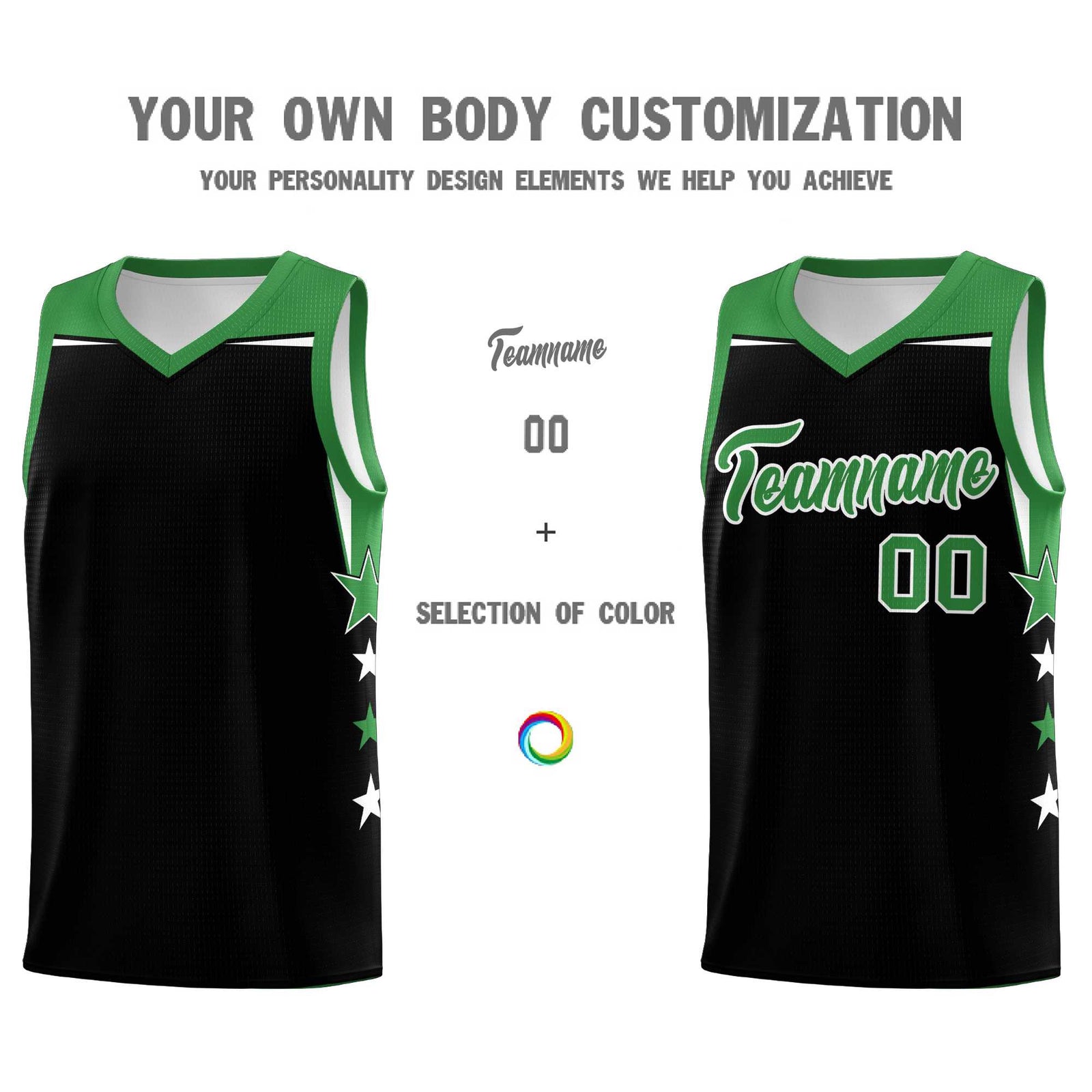Custom Youth Basketball Uniform Black Kelly Green Two Tone Side Star Personalized Team Jersey