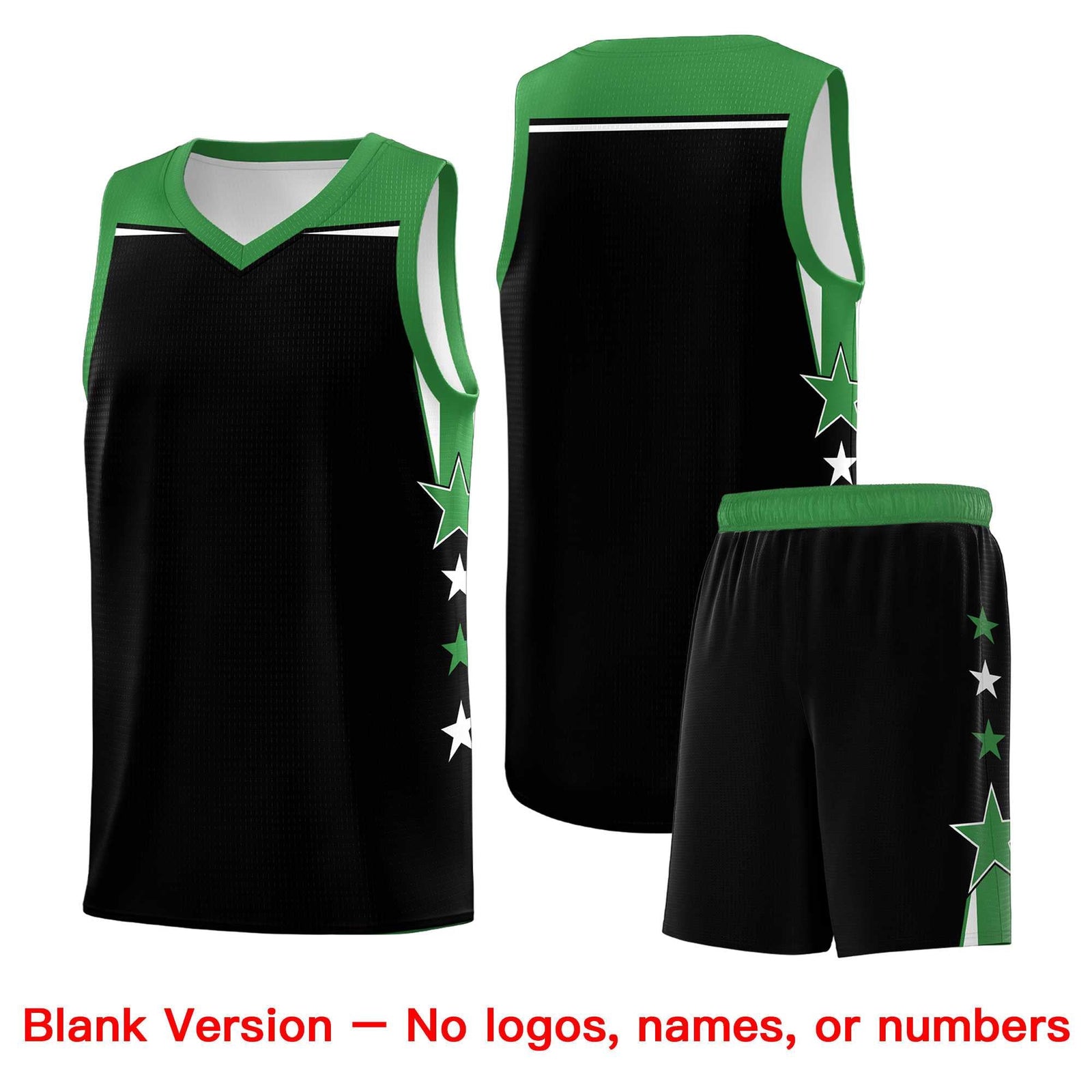 Custom Youth Basketball Uniform Black Kelly Green Two Tone Side Star Personalized Team Jersey