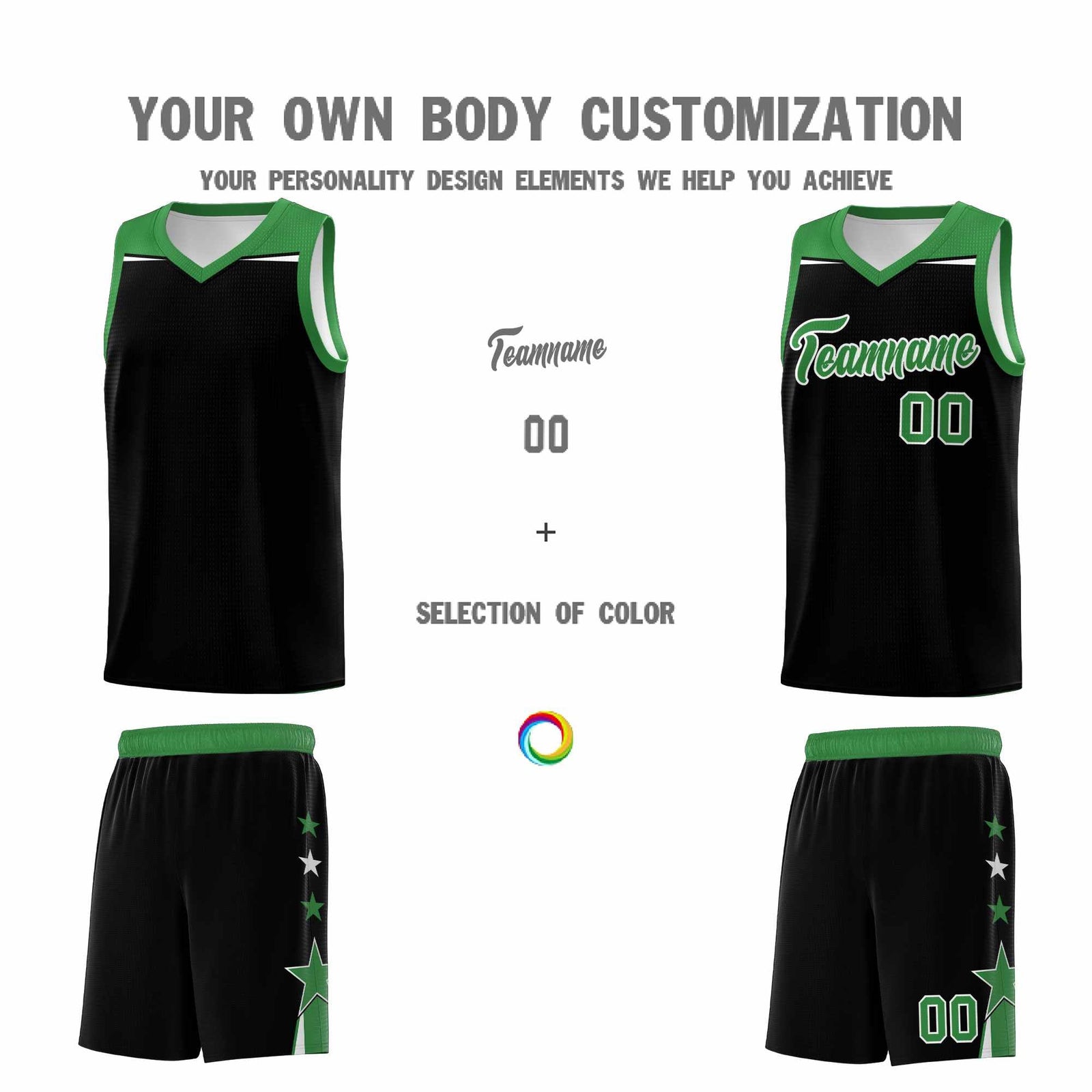 Custom Youth Basketball Uniform Black Kelly Green Two Tone Side Star Personalized Team Jersey