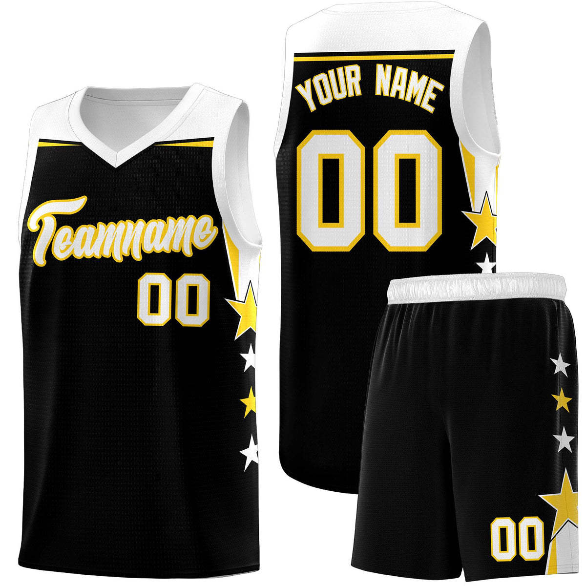 Custom Youth Basketball Uniform Black White Two Tone Side Star Add Name Number &amp; Logo