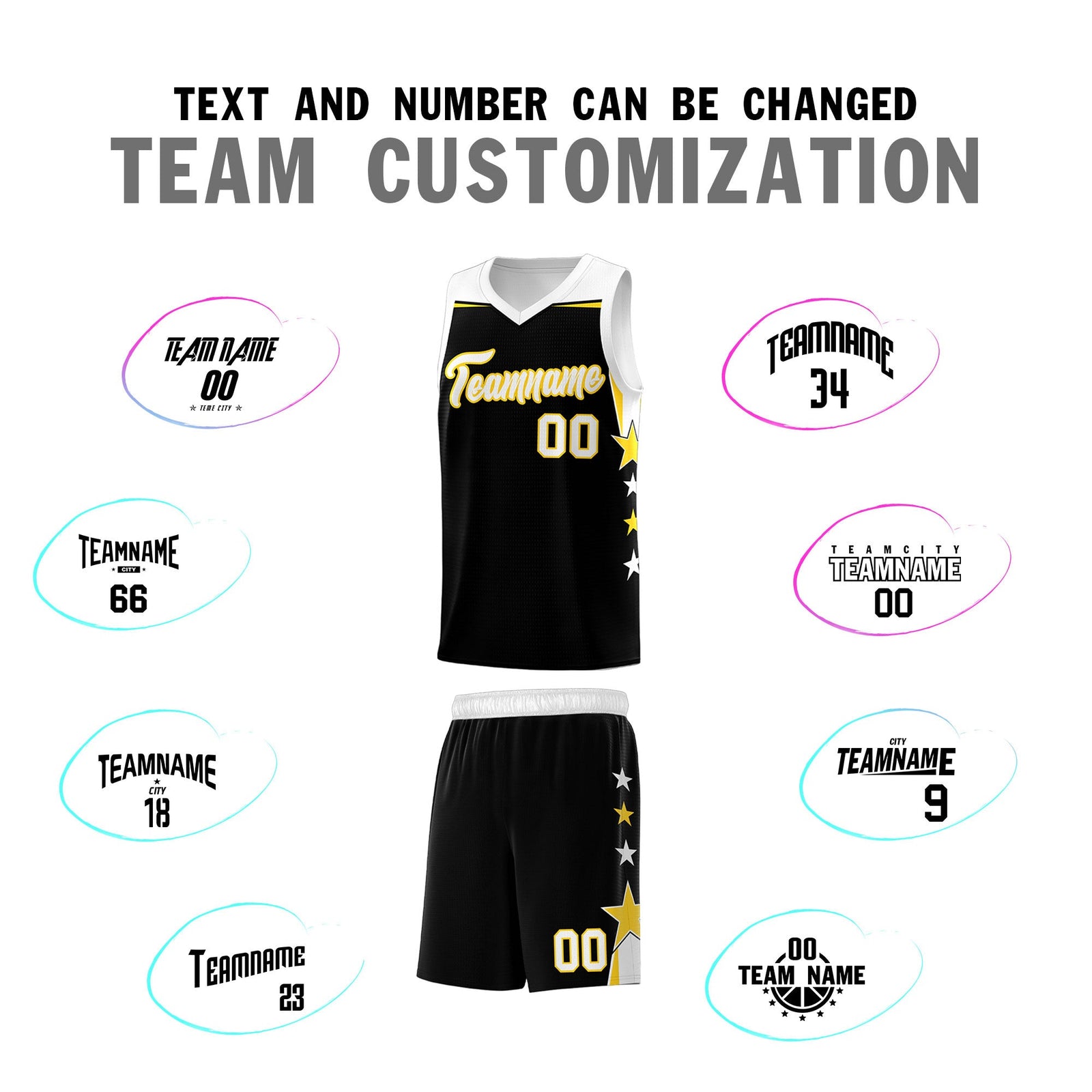Custom Youth Basketball Uniform Black White Two Tone Side Star Add Name Number & Logo