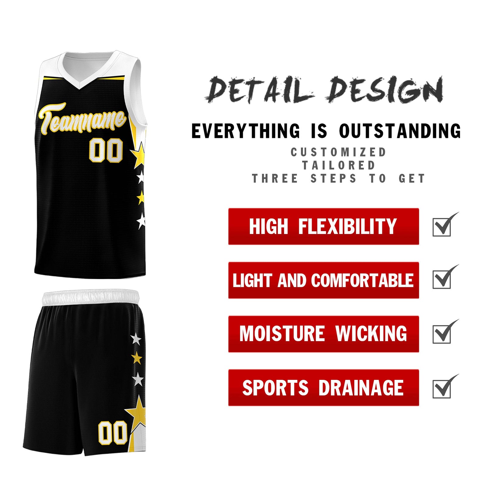 Custom Youth Basketball Uniform Black White Two Tone Side Star Add Name Number & Logo