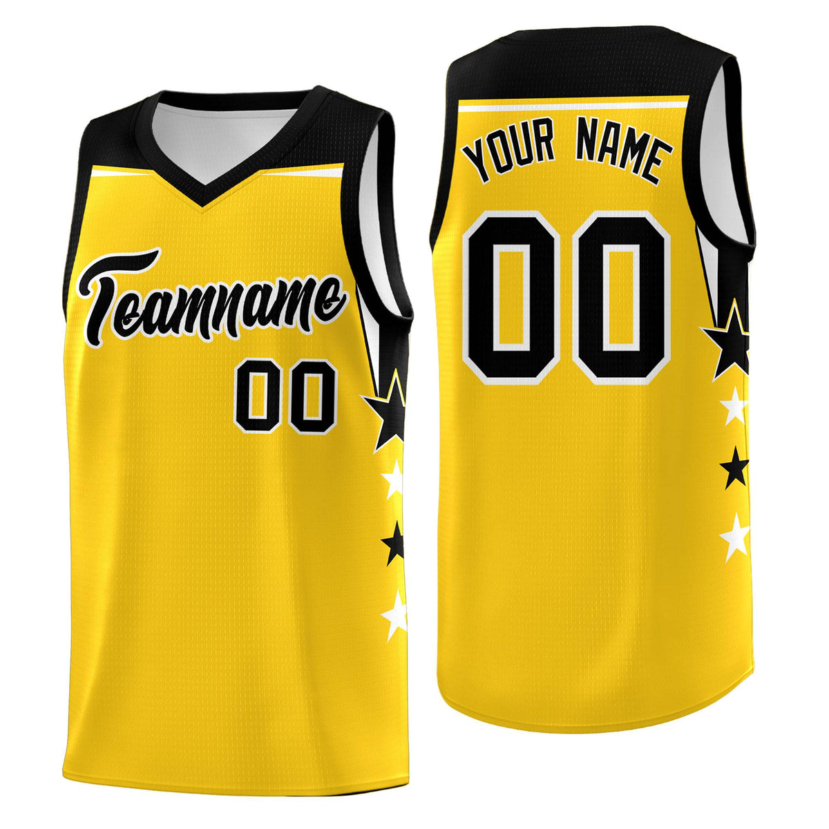Custom Youth Basketball Uniform Gold Black Two Tone Side Star Personalized Team Jersey