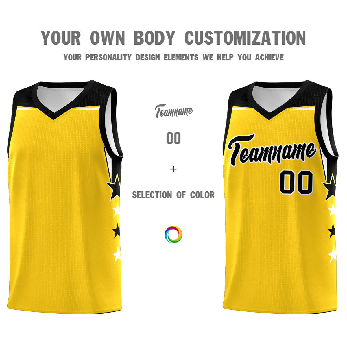 Custom Youth Basketball Uniform Gold Black Two Tone Side Star Personalized Team Jersey
