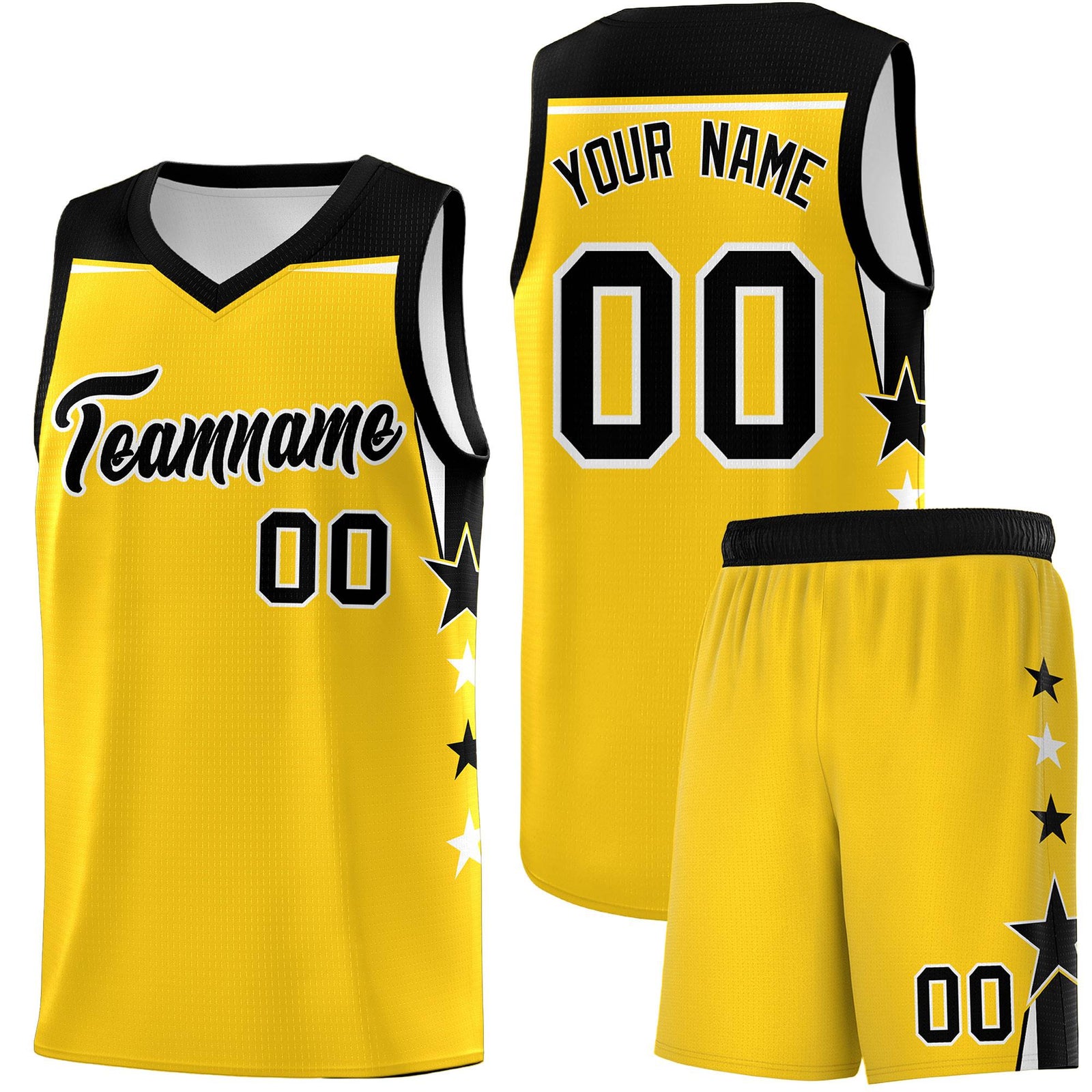 Custom Youth Basketball Uniform Gold Black Two Tone Side Star Personalized Team Jersey