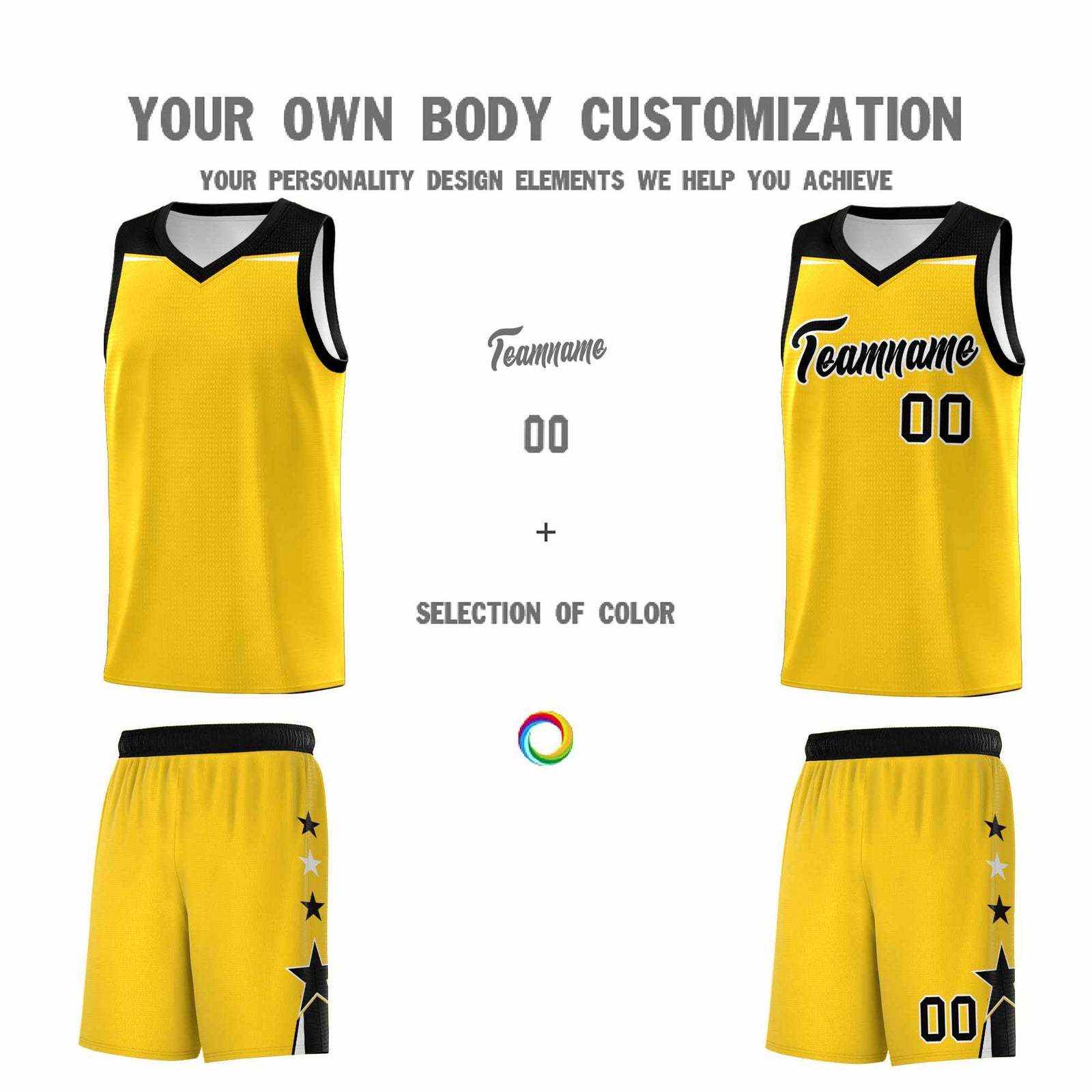 Custom Youth Basketball Uniform Gold Black Two Tone Side Star Personalized Team Jersey