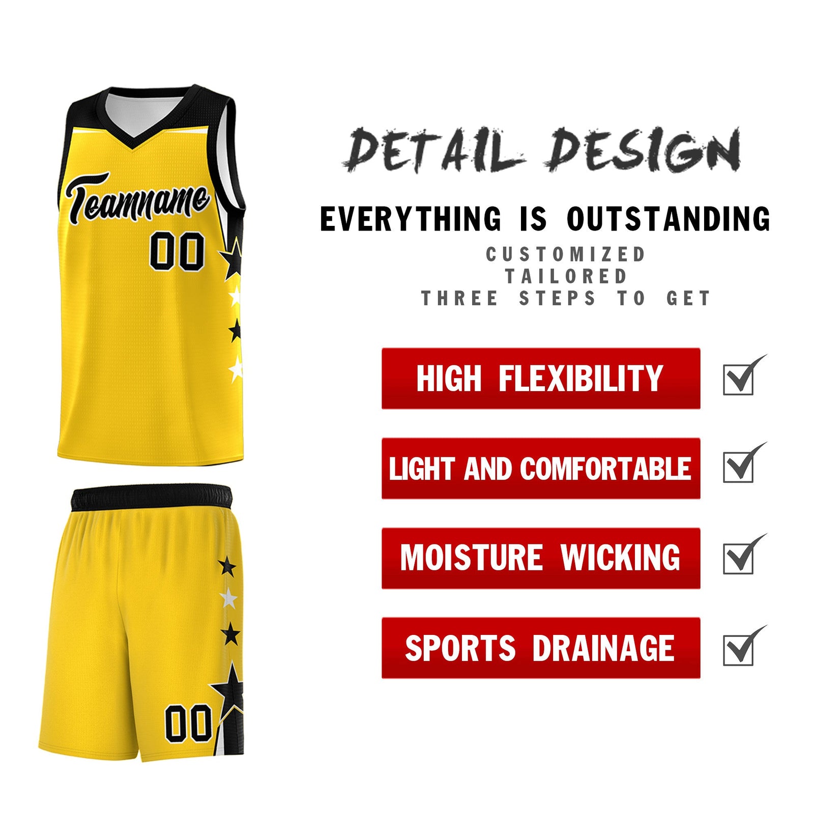 Custom Youth Basketball Uniform Gold Black Two Tone Side Star Personalized Team Jersey