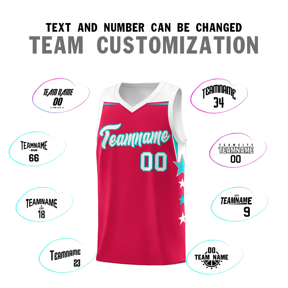 Custom Youth Basketball Uniform Red White Two Tone Side Star Add Name Number &amp; Logo