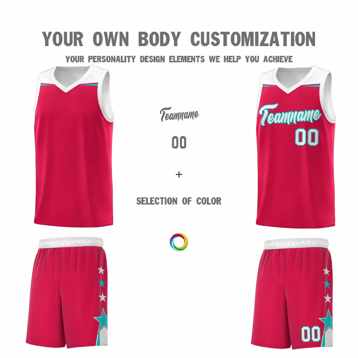 Custom Youth Basketball Uniform Red White Two Tone Side Star Add Name Number &amp; Logo