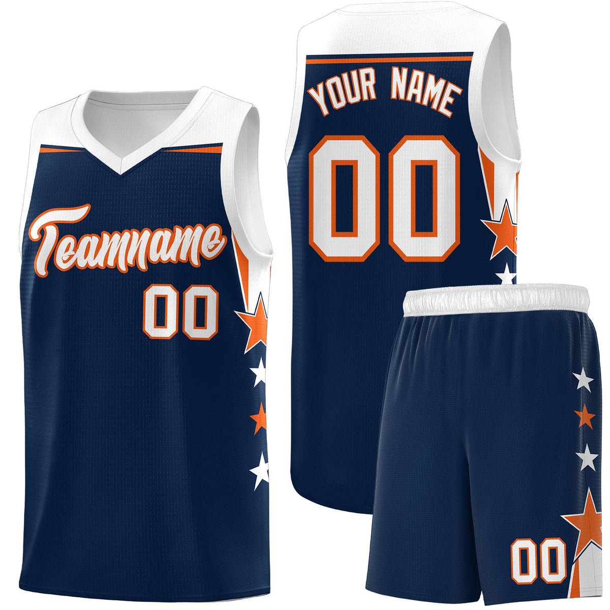 Custom Youth Basketball Uniform Navy White Two Tone Side Star Add Name Number &amp; Logo