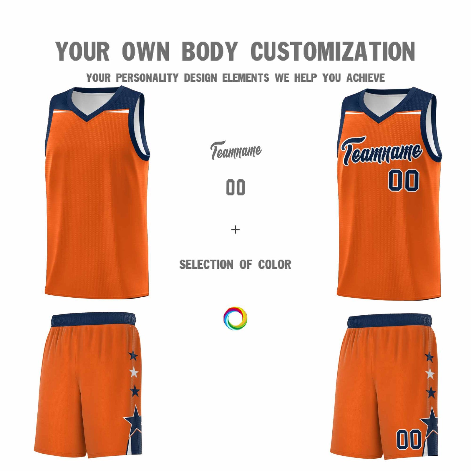 Custom Youth Basketball Uniform Orange Navy Two Tone Side Star Personalized Team Jersey