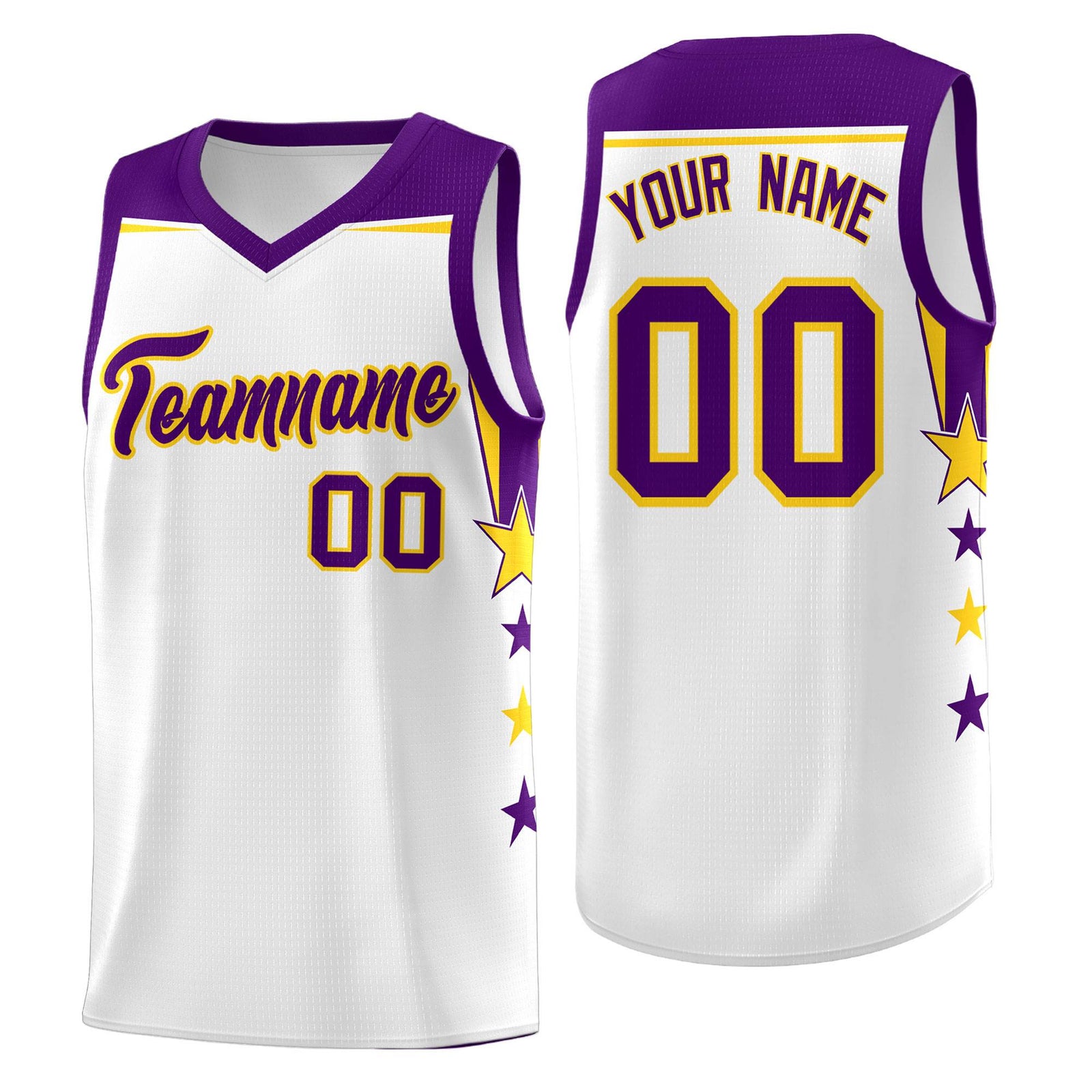 Custom Youth Basketball Uniform White Purple Two Tone Side Star Color Block Team Jersey