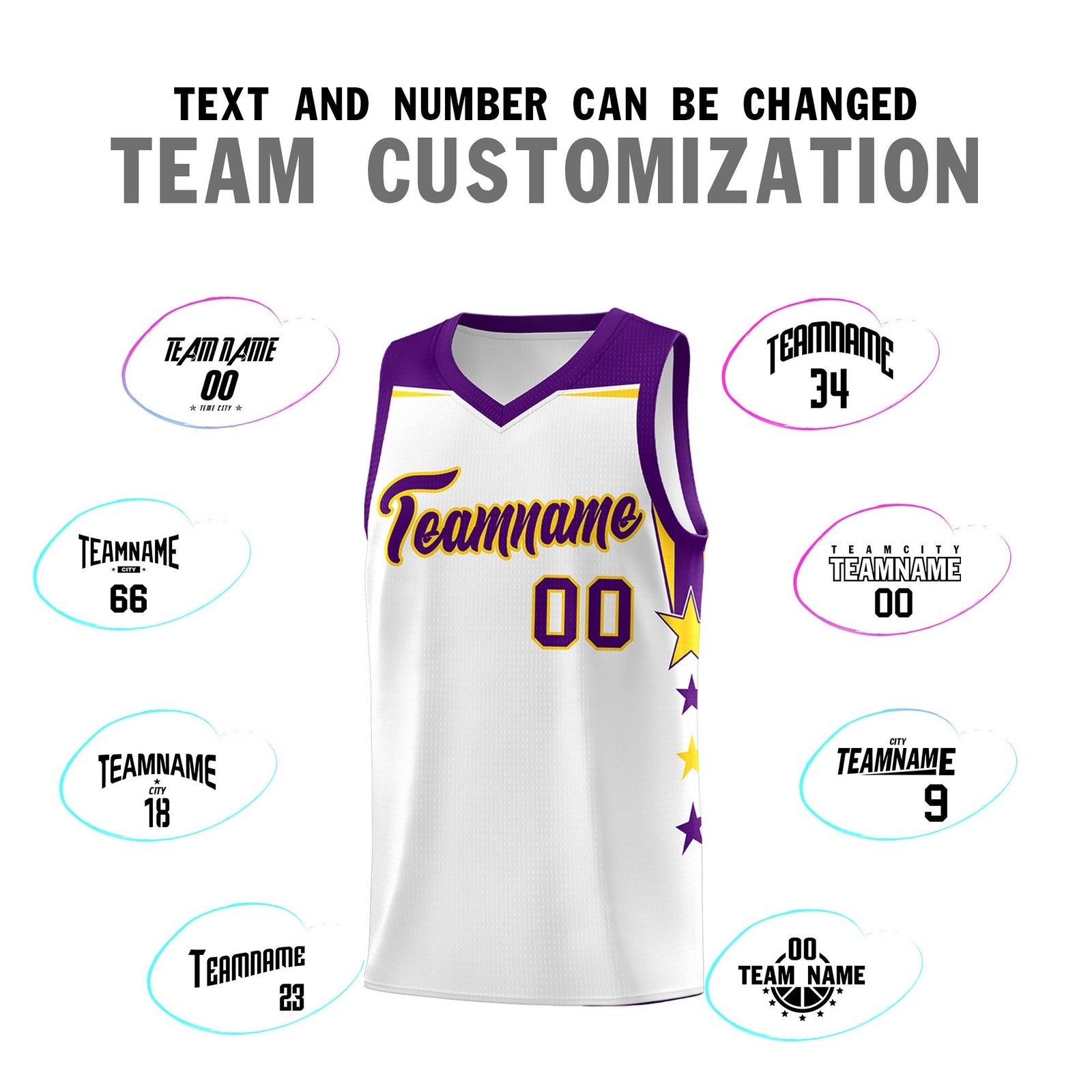 Custom Youth Basketball Uniform White Purple Two Tone Side Star Color Block Team Jersey