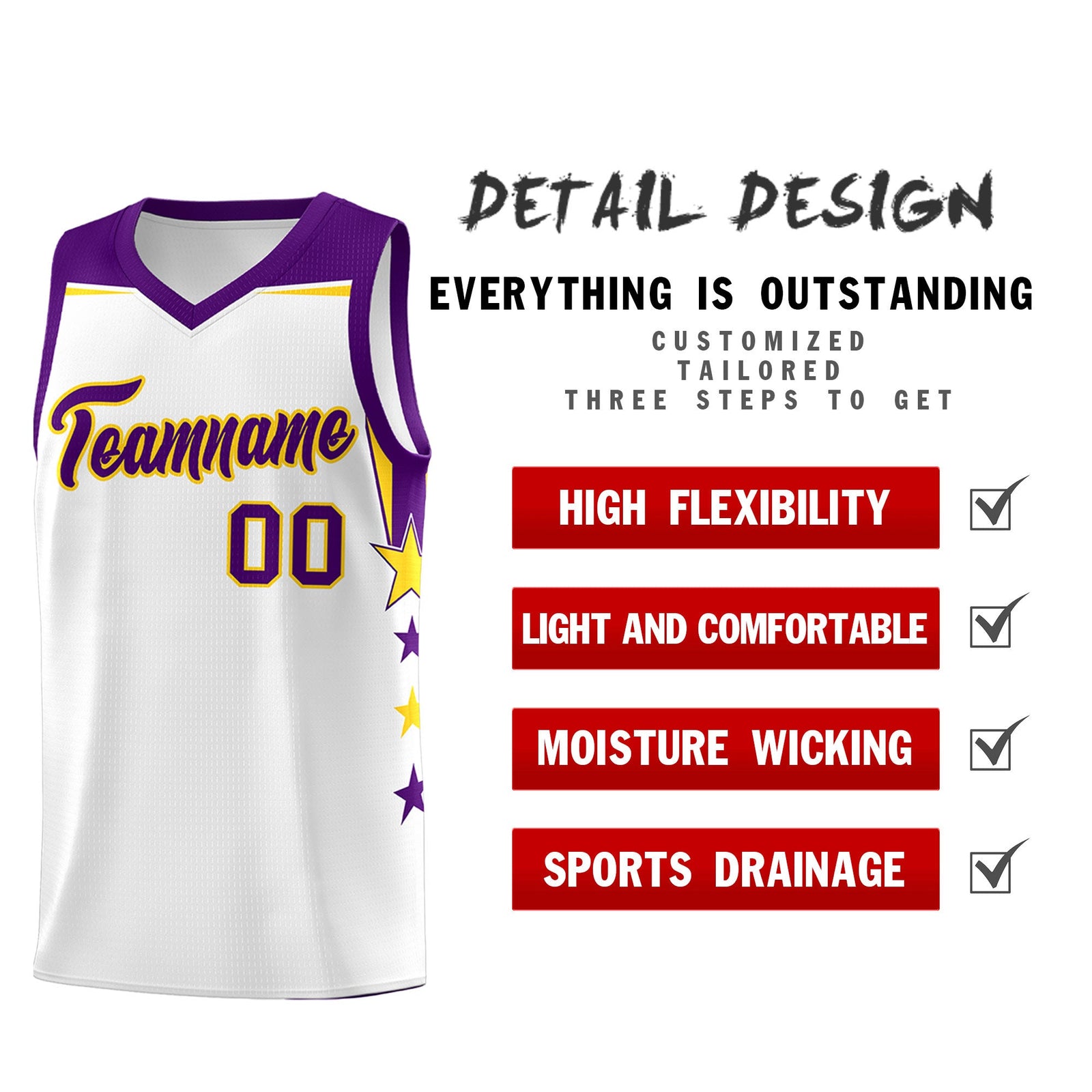 Custom Youth Basketball Uniform White Purple Two Tone Side Star Color Block Team Jersey
