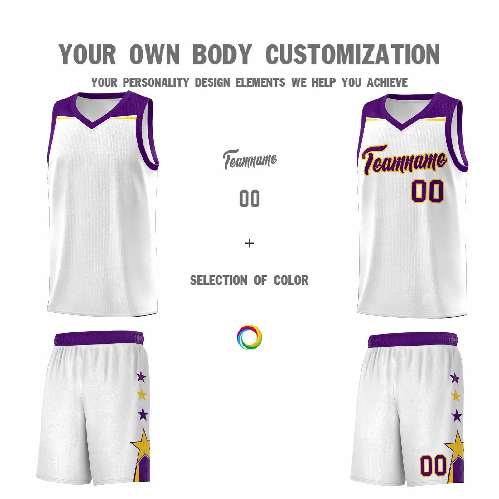 Custom Youth Basketball Uniform White Purple Two Tone Side Star Color Block Team Jersey