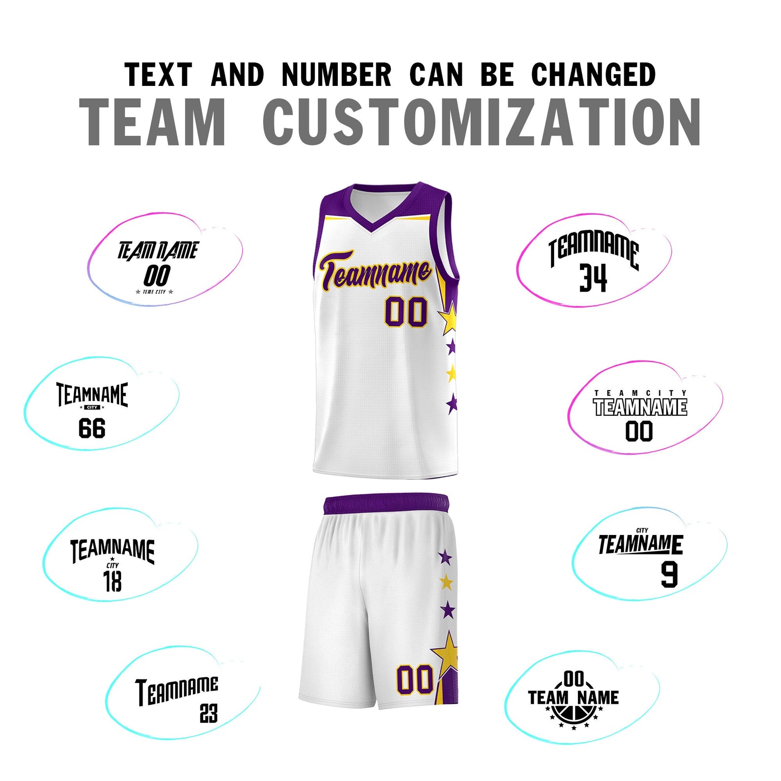 Custom Youth Basketball Uniform White Purple Two Tone Side Star Color Block Team Jersey