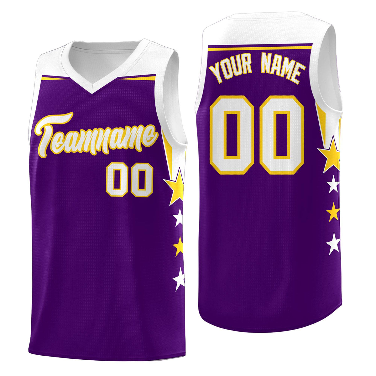 Custom Youth Basketball Uniform Purple White Two Tone Side Star Add Name Number &amp; Logo