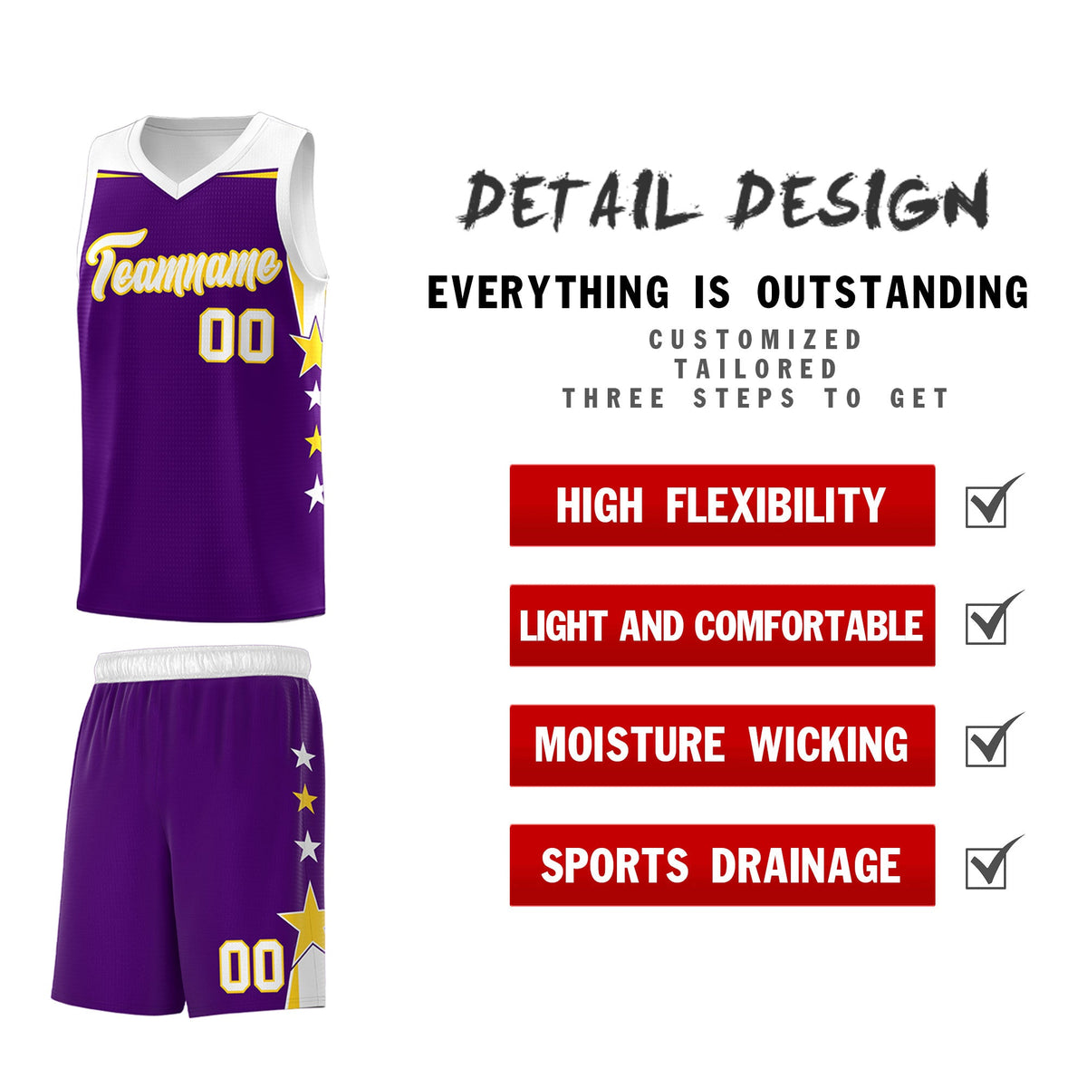 Custom Youth Basketball Uniform Purple White Two Tone Side Star Add Name Number &amp; Logo