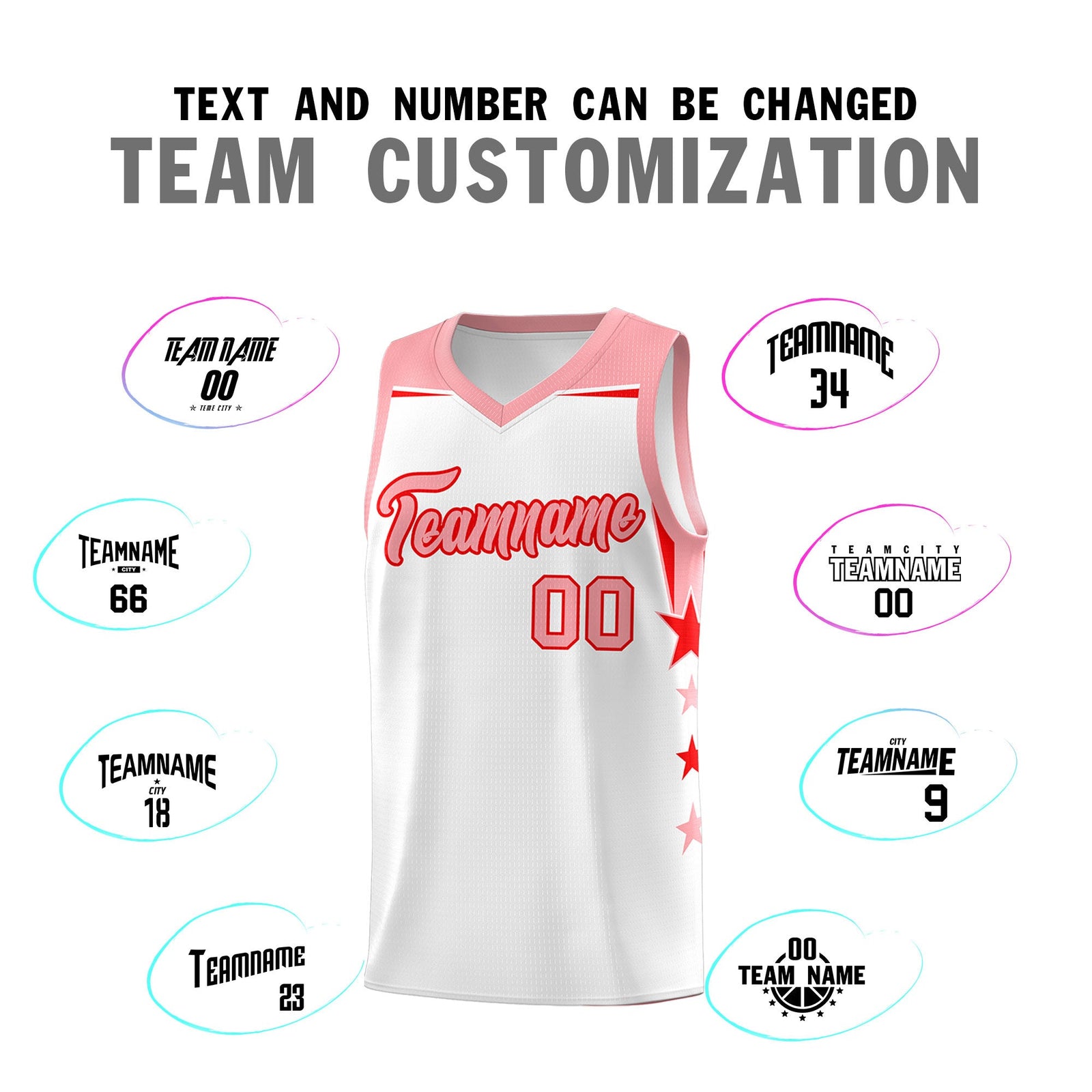Custom Youth Basketball Uniform White Light Pink Two Tone Side Star Color Block Team Jersey