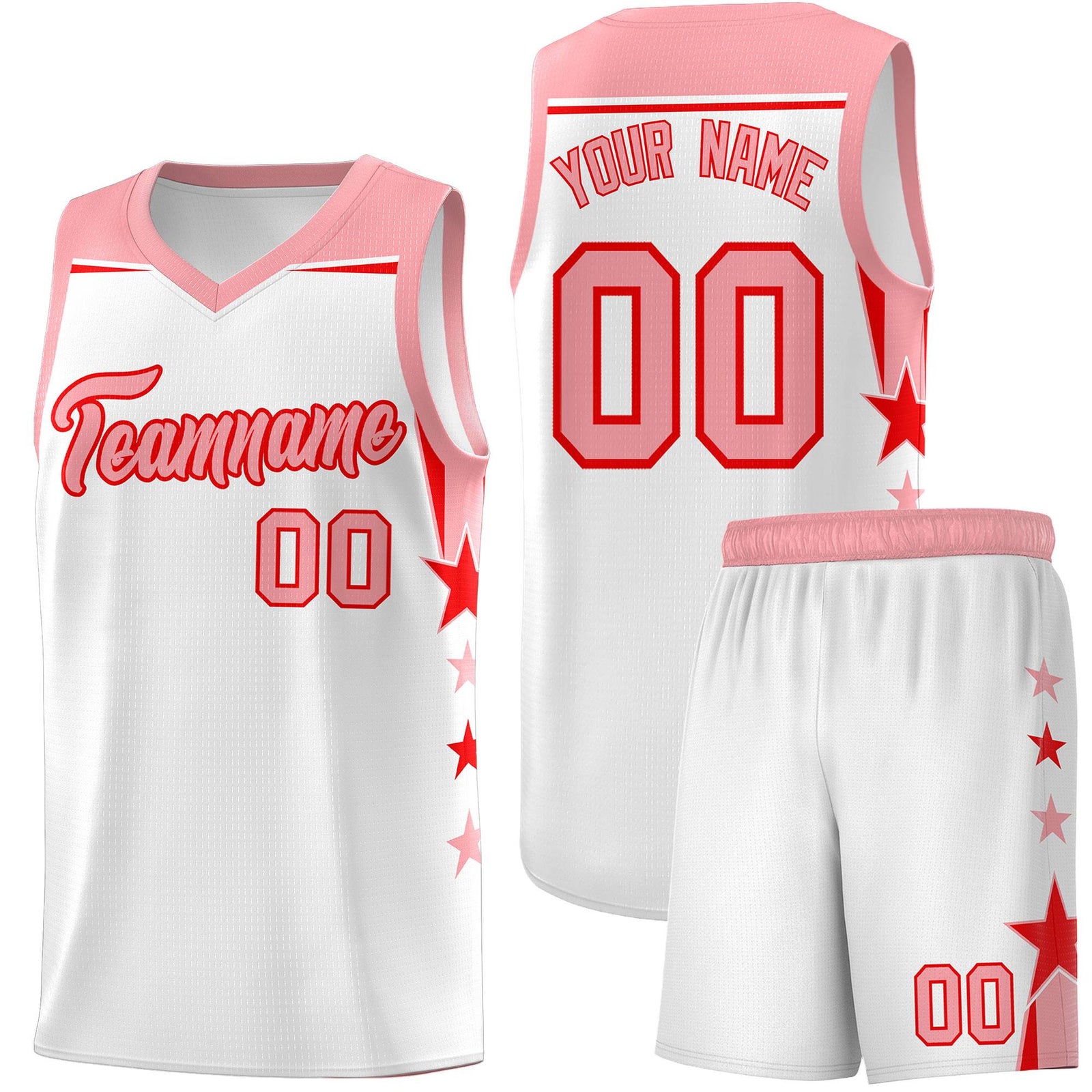 Custom Youth Basketball Uniform White Light Pink Two Tone Side Star Color Block Team Jersey