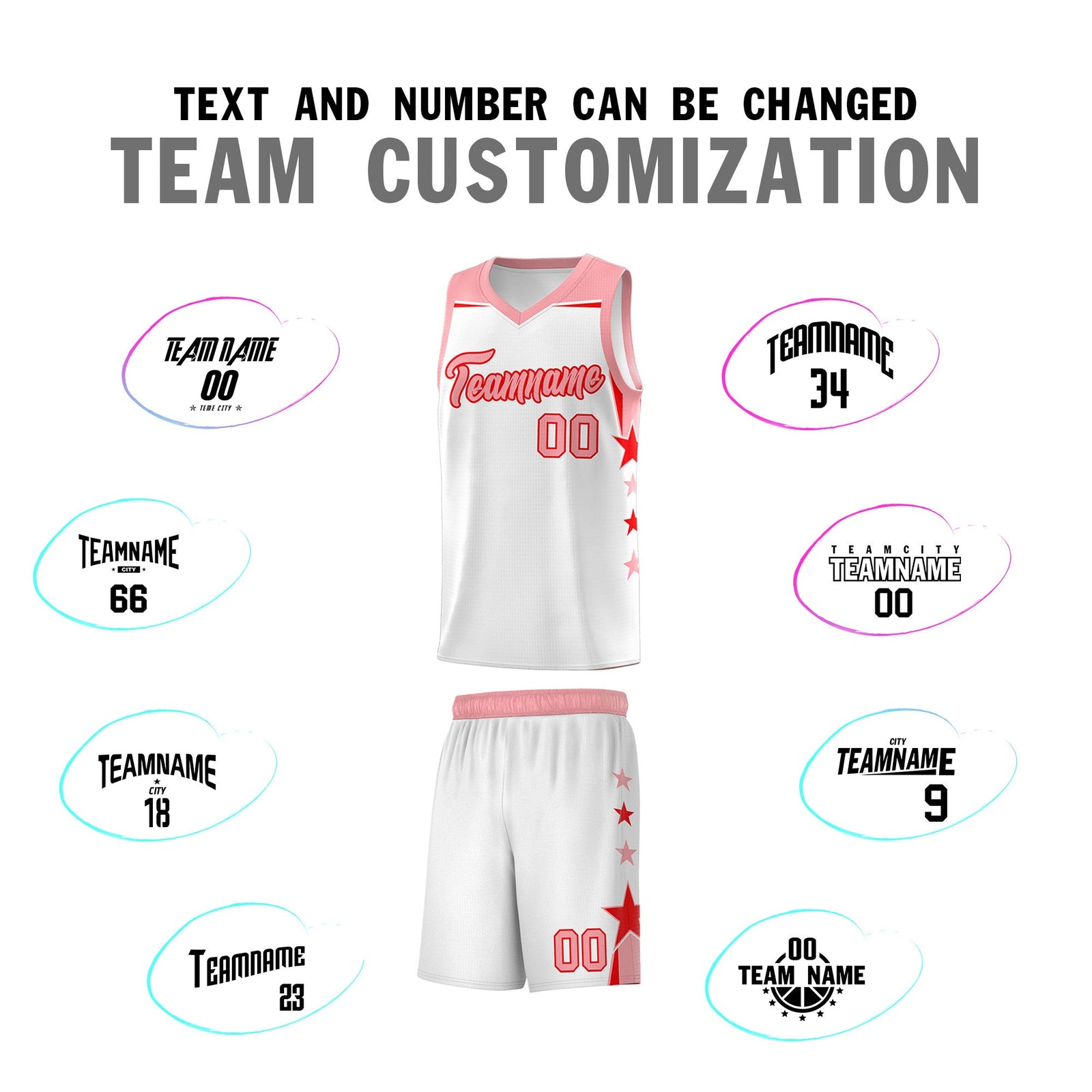 Custom Youth Basketball Uniform White Light Pink Two Tone Side Star Color Block Team Jersey