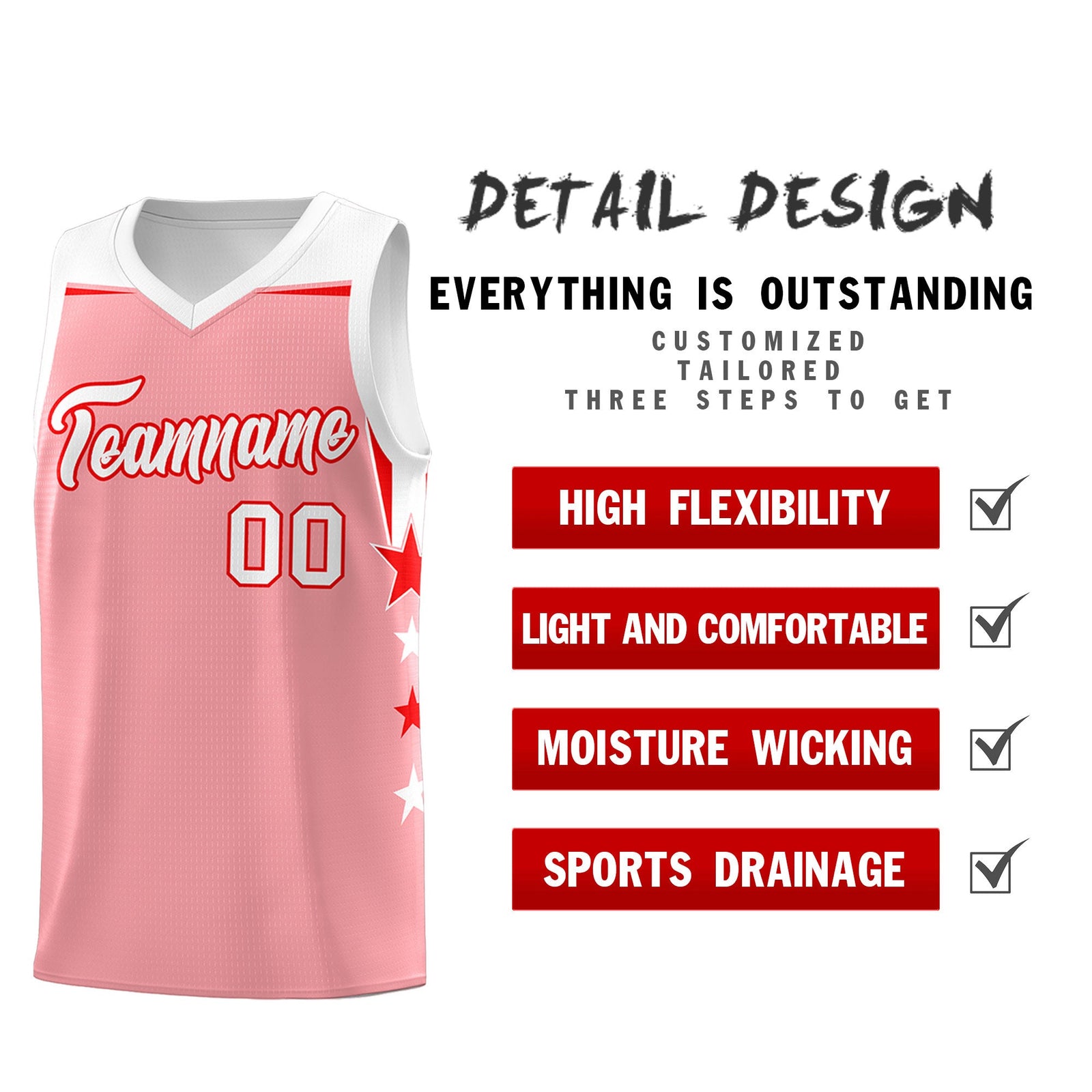 Custom Youth Basketball Uniform Light Pink White Two Tone Side Star Add Name Number & Logo